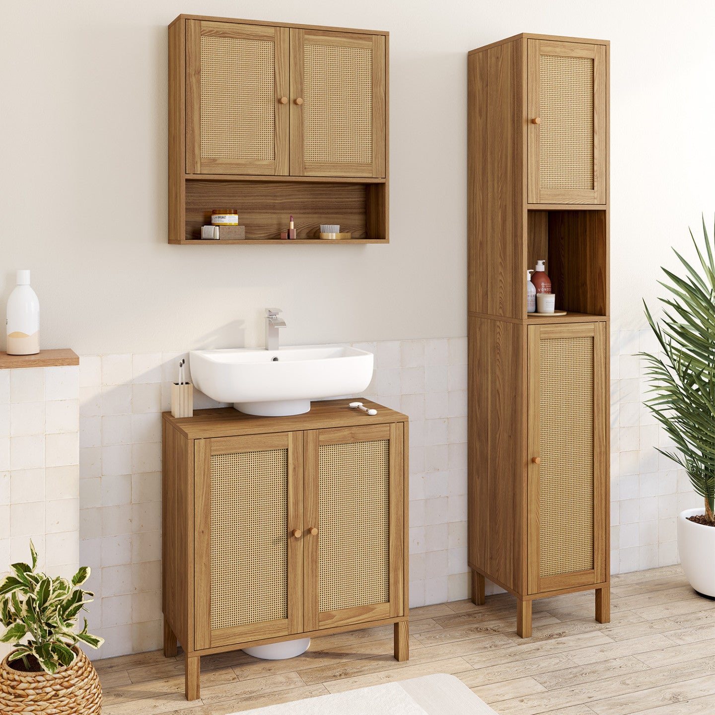 Meuble sous lavabo salle de bain HANAE effet naturel cannage - 3
