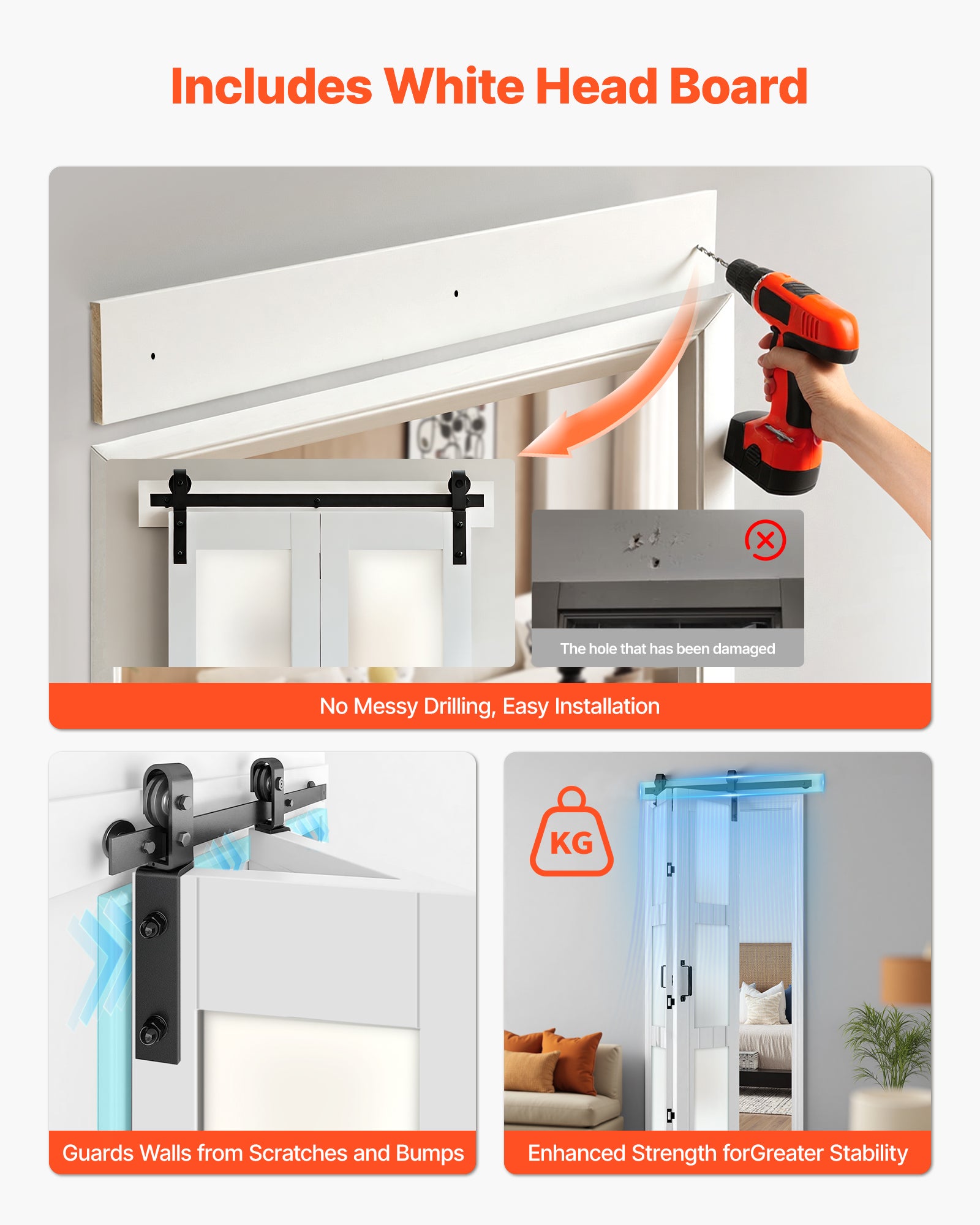 Porta scorrevole interna VEVOR 91,4x213,4 cm, per divisorio, camera da letto, soggiorno, armadio, ferramenta inclusa, pannelli preassemblati, bianco - 8