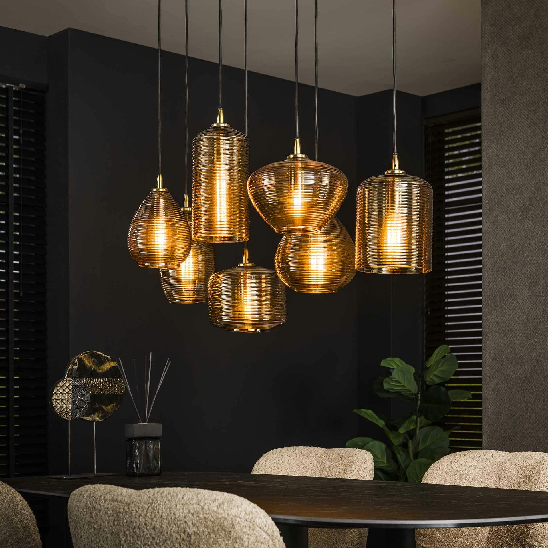 Suspension Élégante En Verre Strié Ambre Doré – Luminaire Moderne Avec Câble Noir Réglable, Parfait Pour Salle à Manger, Cuisine Ou Chambre (Ø24cm)