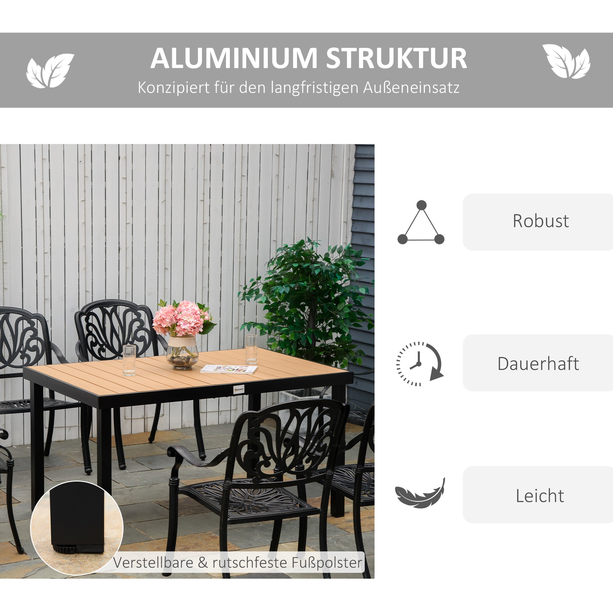 Table de jardin pour 6 personnes, table à manger, table en aluminium, mobilier de jardin, plastique facile d'entretien, 140 x 90 x 74 cm - 7
