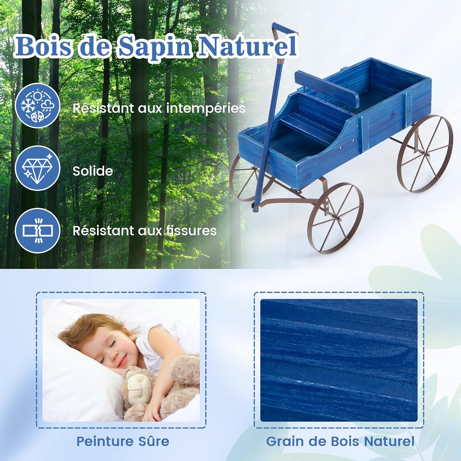 Brouette Décorative en Bois avec 2 Compartiments à Planter Roues Métalliques et Poignée à l'avant Charge 15kg pour Cour Jardin Véranda (Bleu) - 7