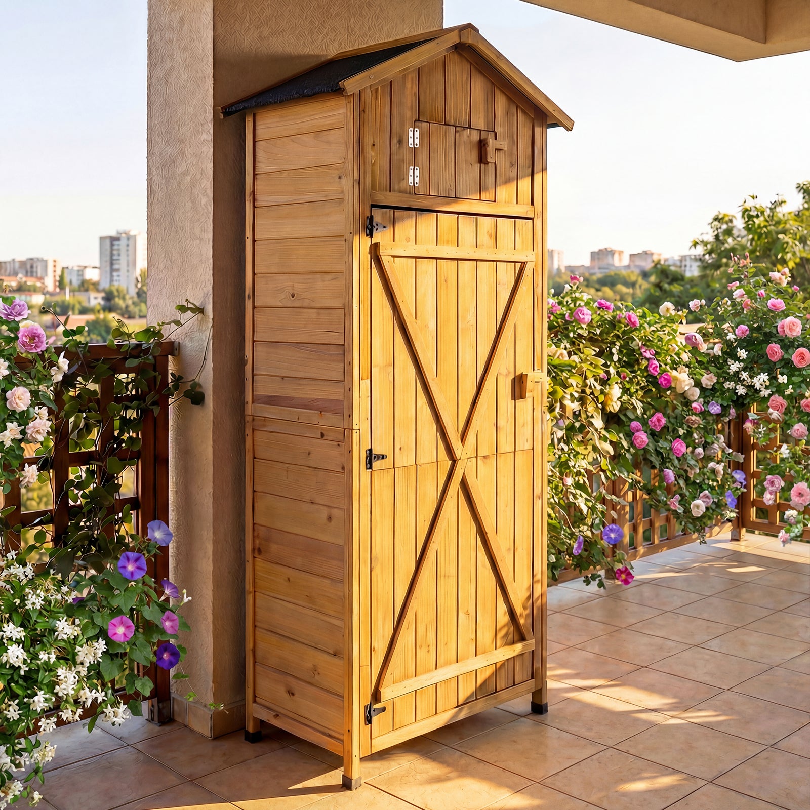 Abri de Jardin en Bois, Armoire d'Extérieur avec Porte Verrouillable, Étagères Amovibles, Table Latérale Pliante, 3 Crochets, Toit en Asphalte - 9