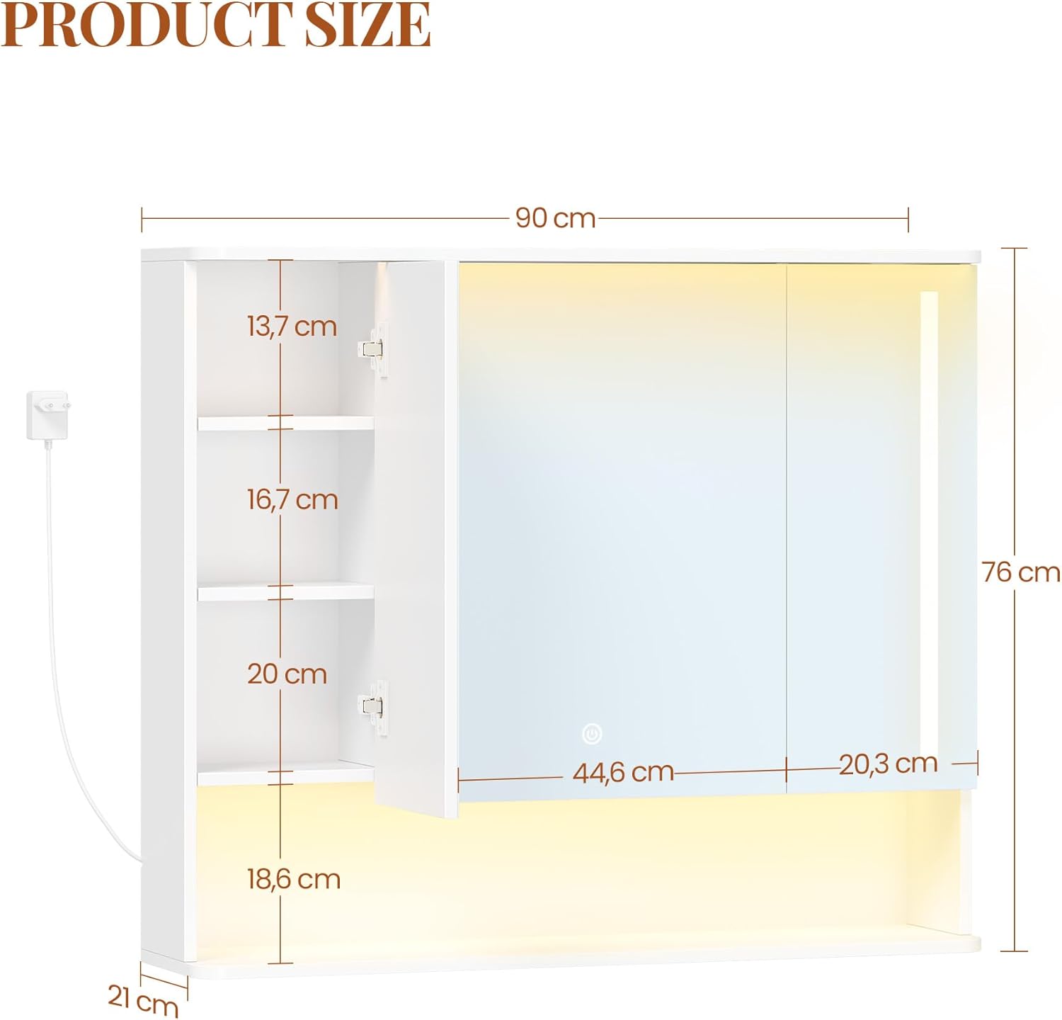 Szafka łazienkowa z lustrem i oświetleniem LED, 3 drzwi, oświetlenie górne i dolne LED, 3 regulowane temperatury barwowe,21 x 90 x 76 cm, biały - 5