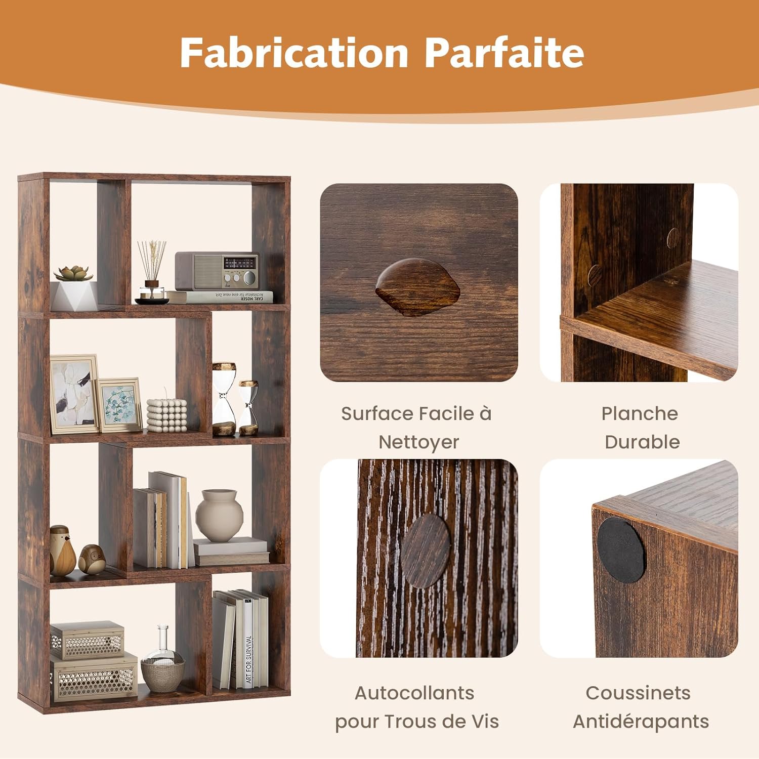 Bibliothèque Étagère à 8 Compartiments Ouvertes, Meuble de Rangement avec Kits Anti-basculement, pour Salon, Bureau, 20x60x120cm, Marron - 5