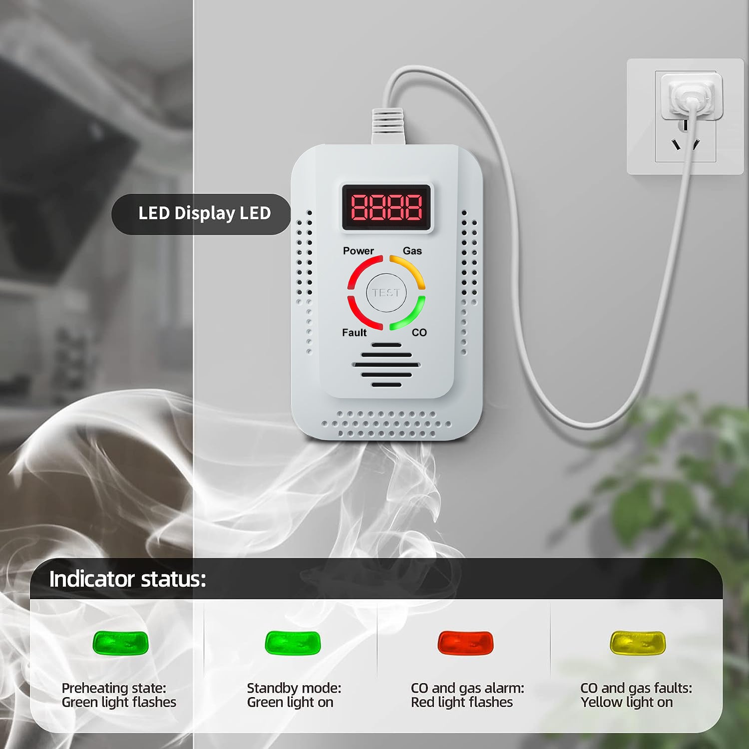 Detector de gas portátil, detector de monóxido de carbono con pantalla LED digital, para el hogar y viajes, blanco, enchufe de la UE - 7