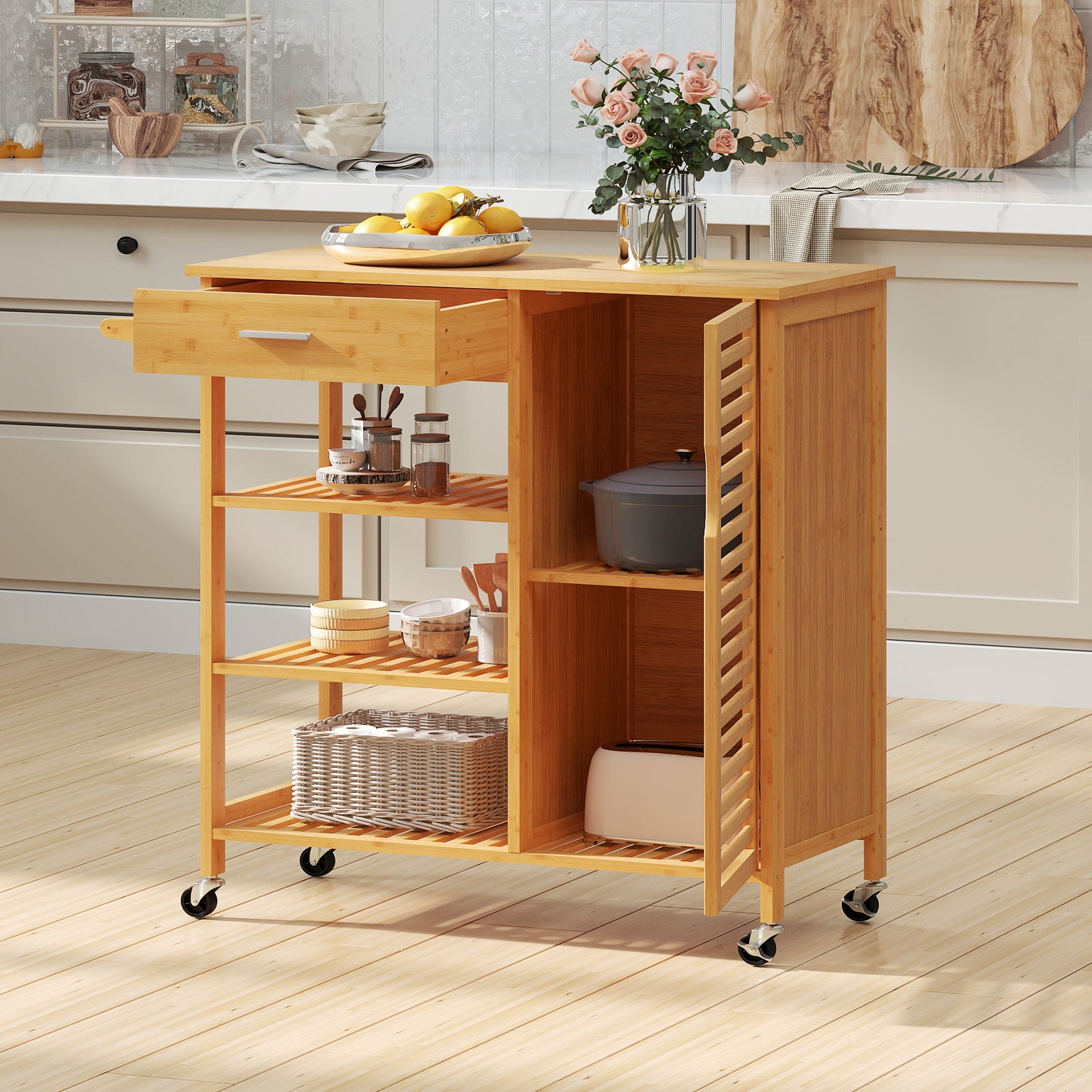 Desserte de Cuisine Roulant en Bambou avec Tiroir, 3 Étagères Ouvertes, 1 Armoire à Porte, Porte-serviettes, Roulettes Verrouillables, 91 x 44 x 89 cm - 8