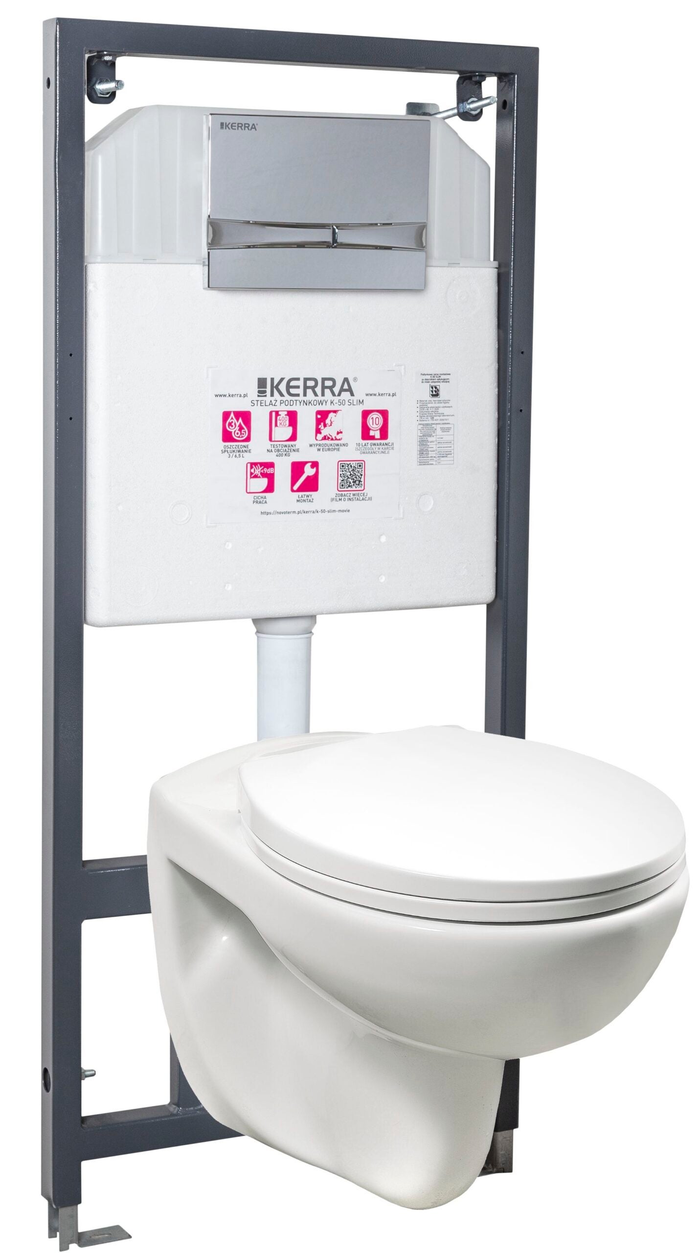 Zestaw podtynkowy WC z miską bezkołnierzową Doris i przyciskiem Adriatic chrom, Kerra