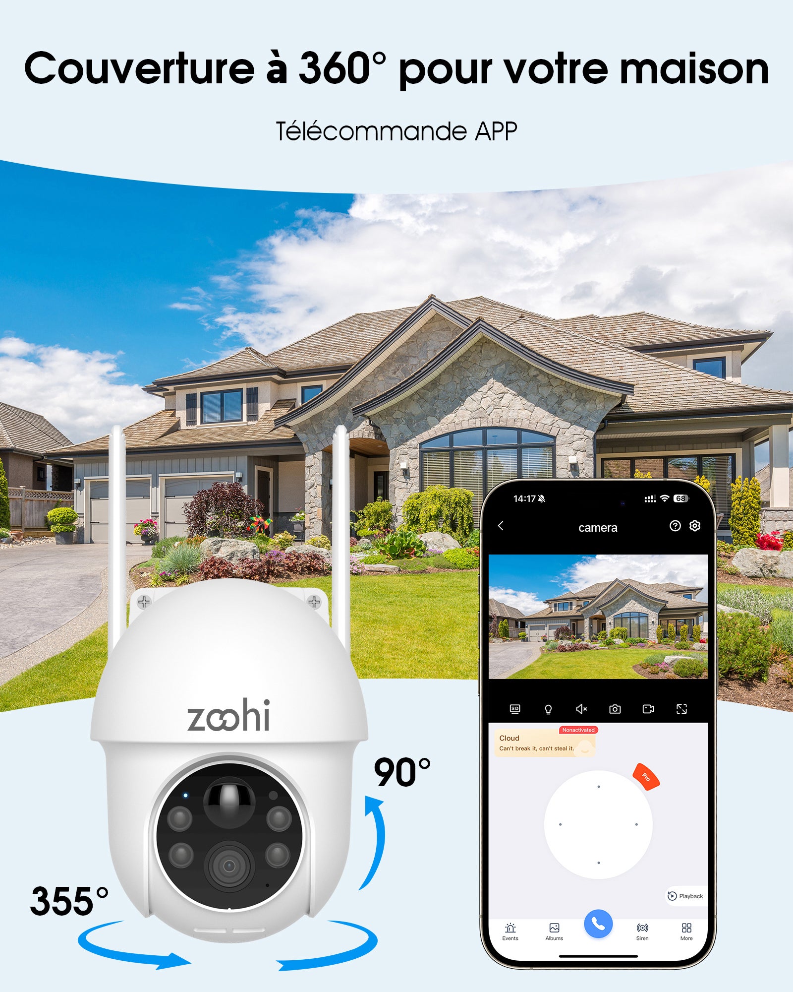 Caméra de surveillance sans fil WiFi extérieure solaire 4MP panoramique 360°, détection PIR, audio bidirectionnel-ZOOHI - 7