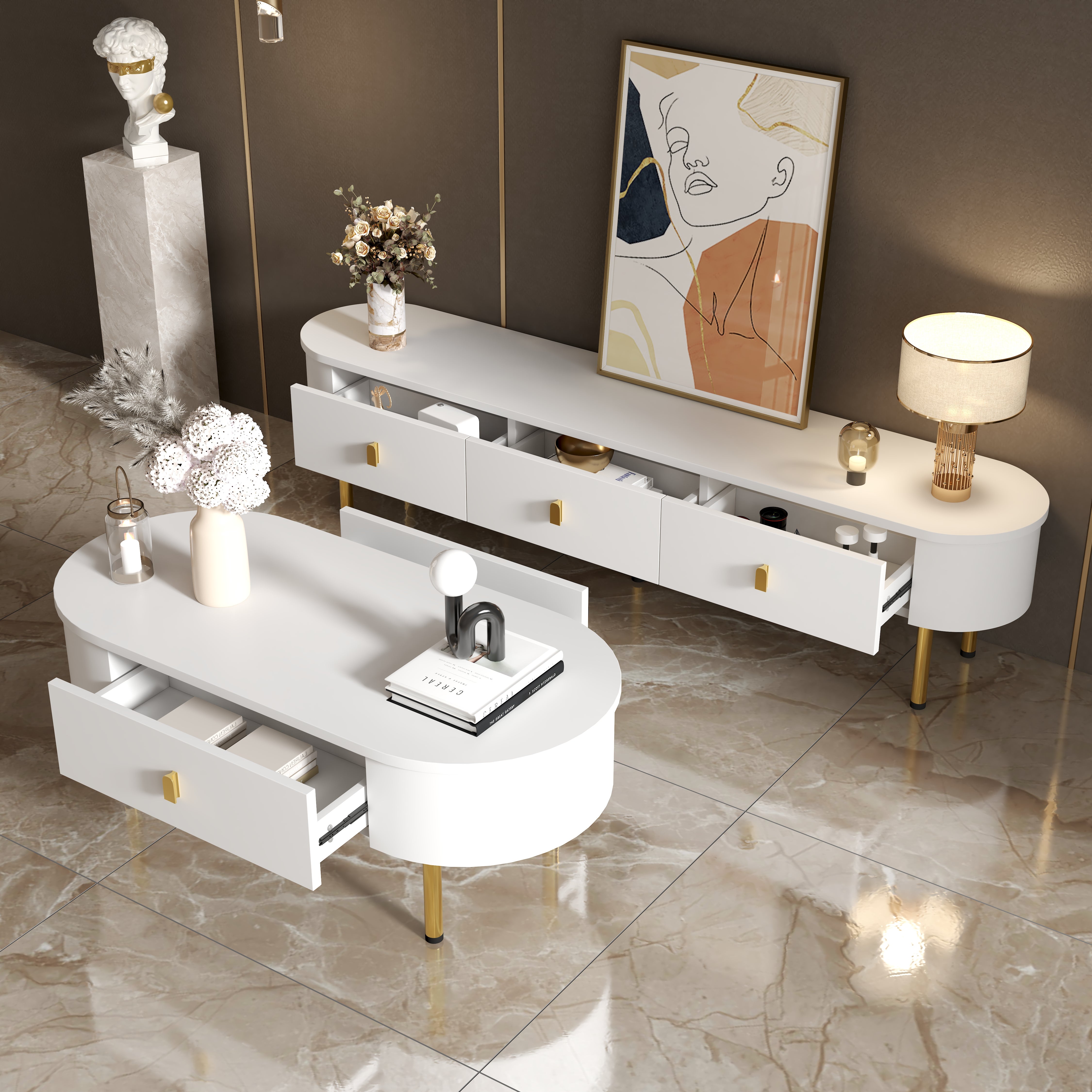 Set soggiorno 2 pezzi - Mobile TV e tavolino - con 4 cassetti - MDF - Bianco - 2