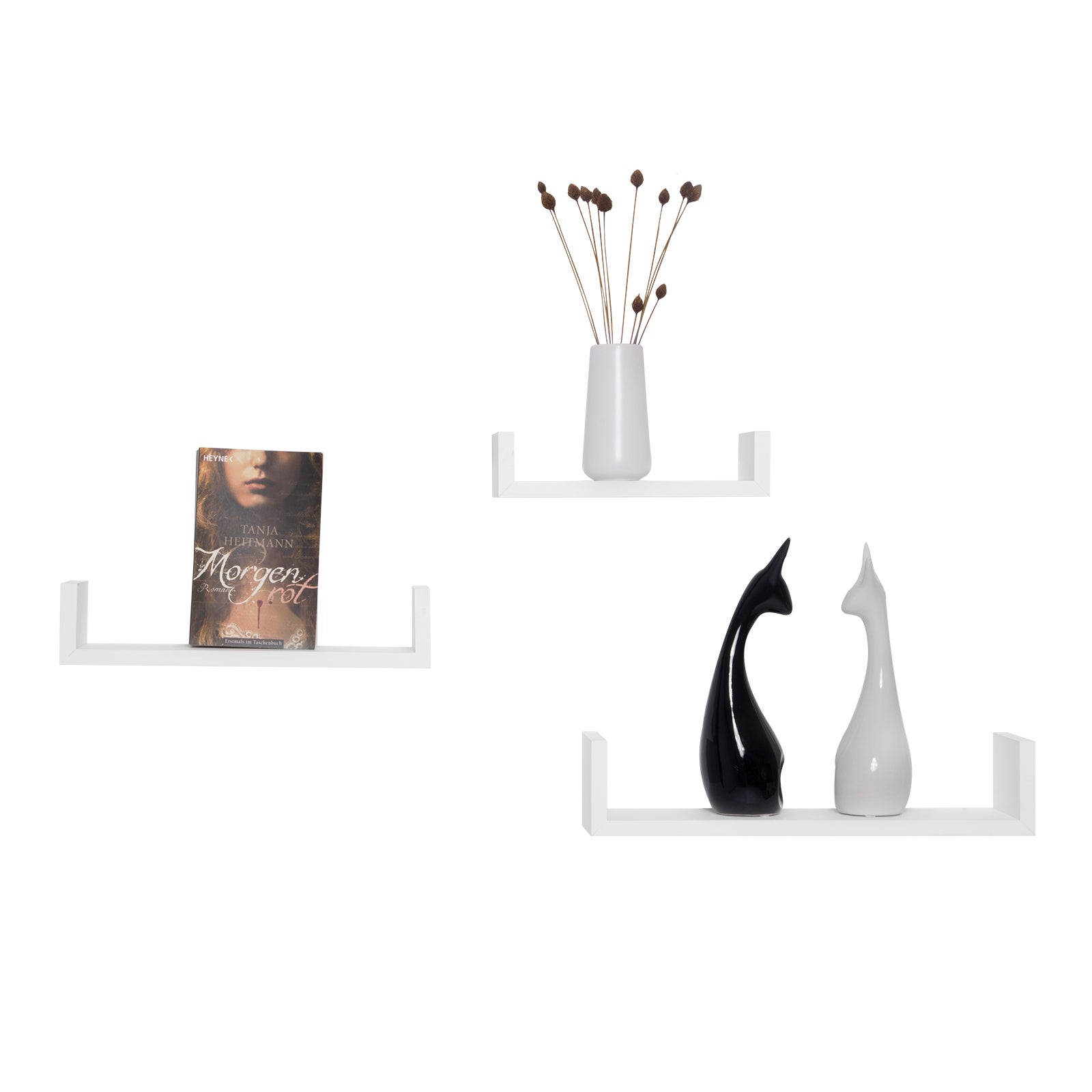 WOLTU Étagère murale lot de 3 pour livres/CD/DVD, Étagère murale en forme de U pour placer image/magazine/photo, Design rétro, Blanc - 3