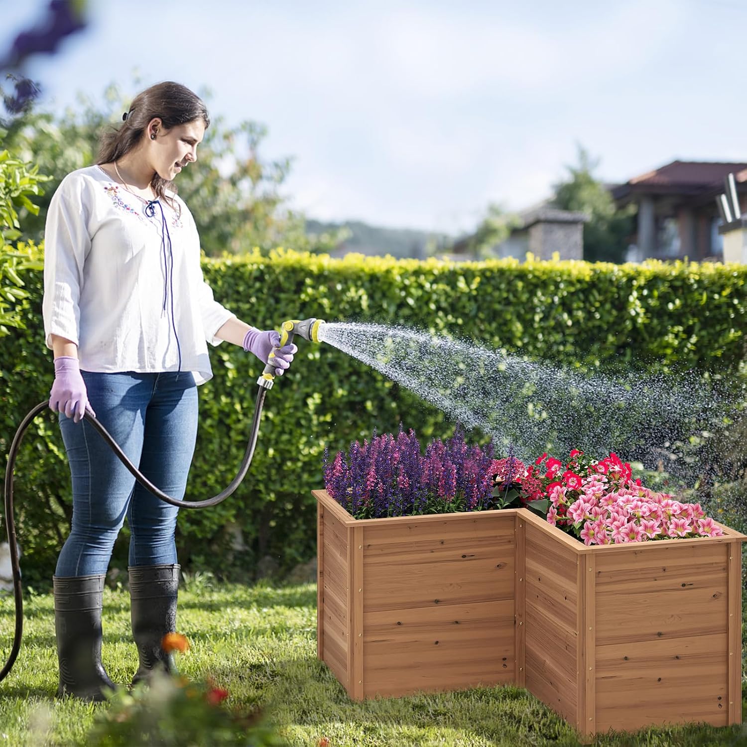 Carré Potager en Bois, Jardinière en Forme de L avec Base Ouverte pour Légumes, Fruits, Fleurs, Lit de Jardin Extérieur, 120x120x63cm (Marron) - 2