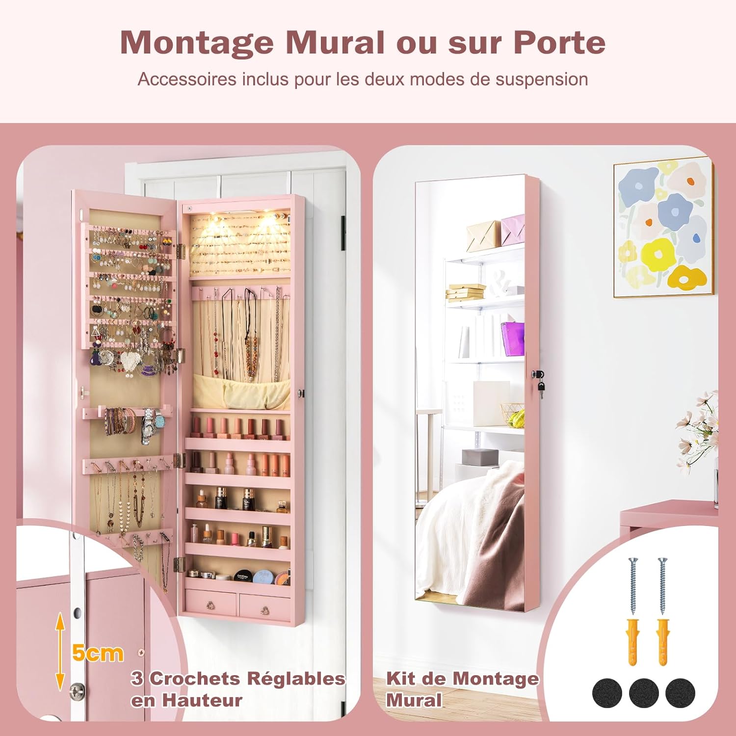Armoire à Bijoux avec Miroir, Armoire a Bijoux Murale avec Éclairage LED, 2 Tiroirs, Fixer au Mur ou à Suspendre sur Porte (Rose) - 4