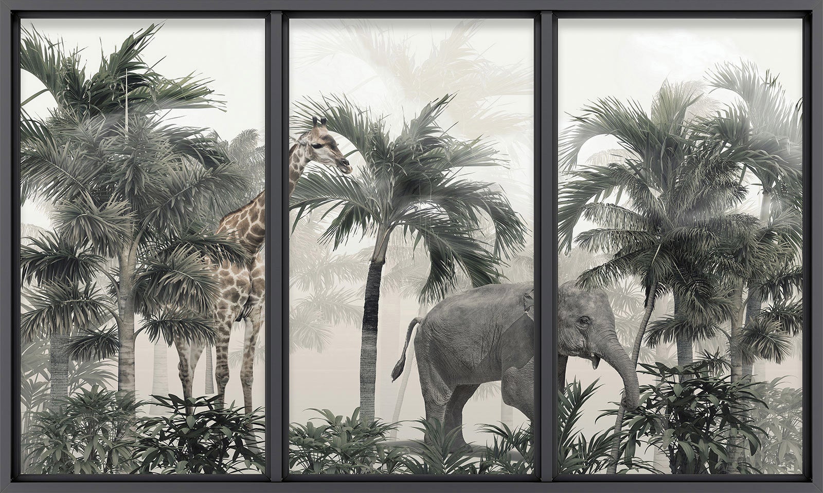Papier peint panoramique Trompe l'oeil baie vitrée - Animaux de la jungle - Largeur 325 cm x Hauteur 195 cm - 2