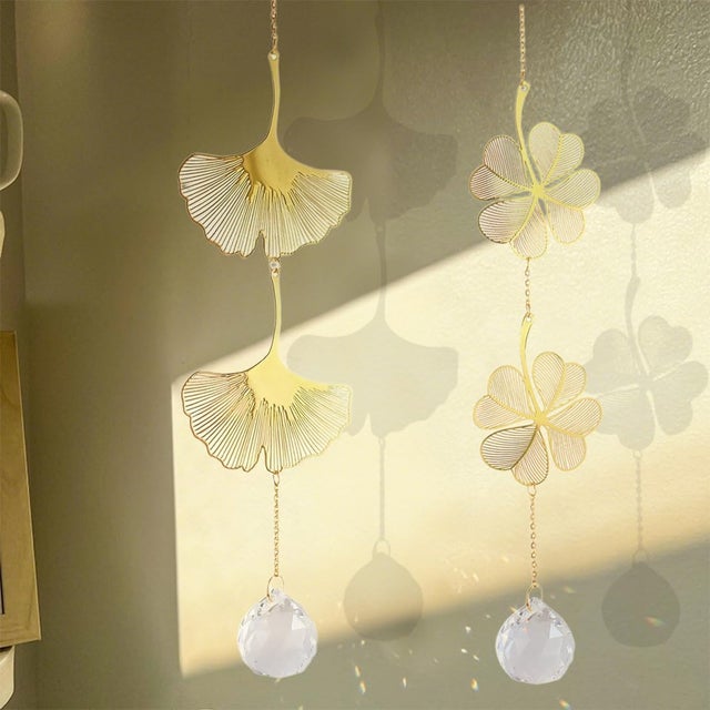 2 pièces Attrape-Soleils en Cristal, Lot de décorations de Feuilles de ginkgo de trèfle à quatre feuilles, deco exterieur