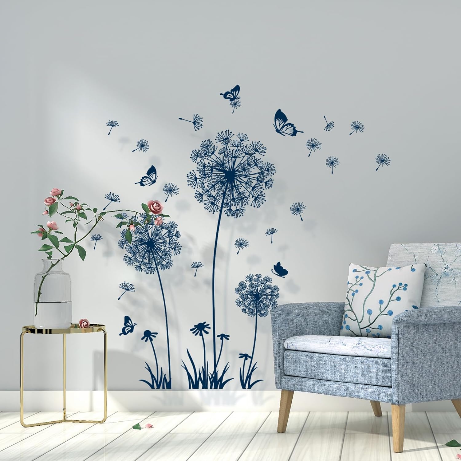 Sticker Mural Fleurs Bleues Decalmile - 2 Feuilles 30x90cm, PVC Amovible Pour Salon Chambre Salle De Bain
