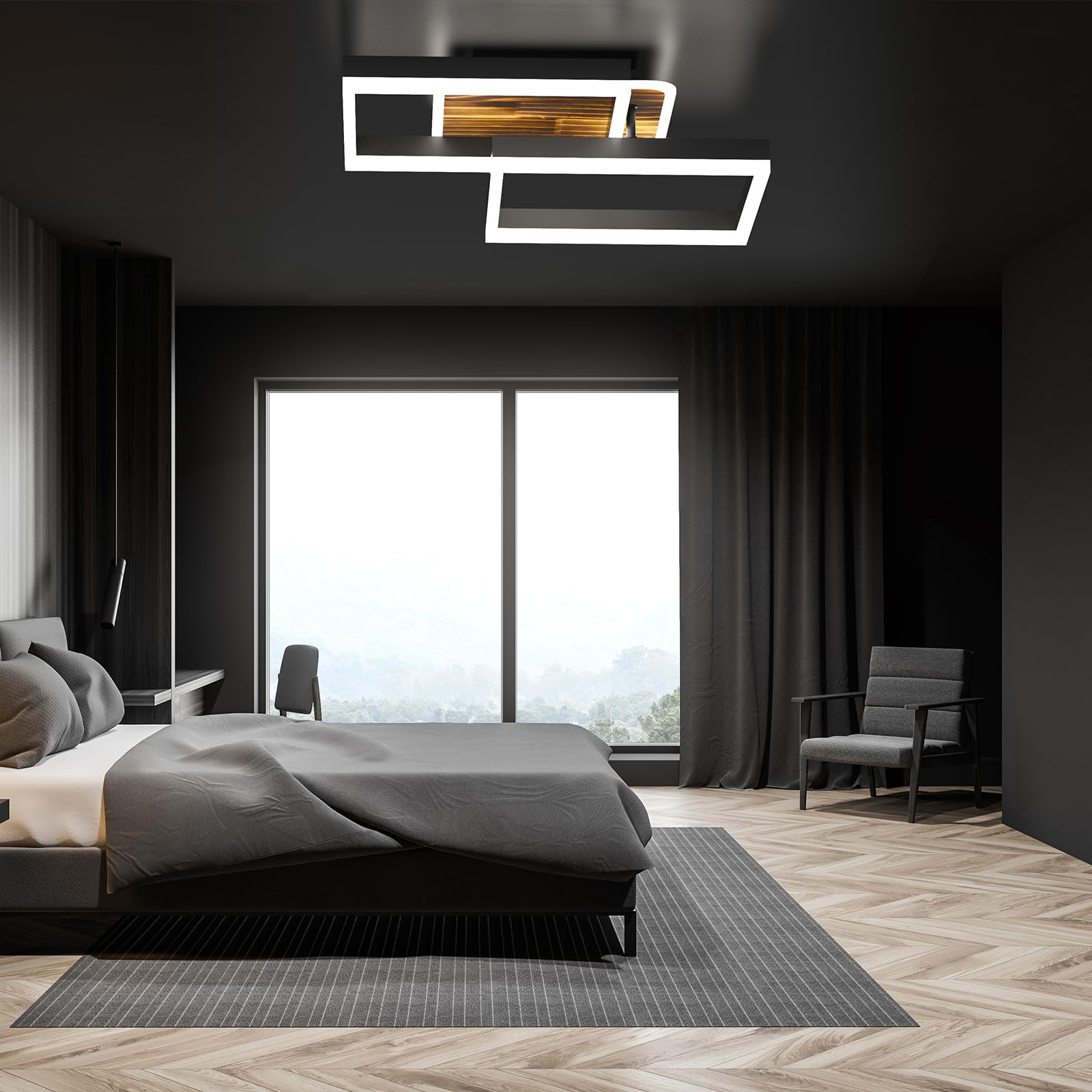 Anten 40W Plafonnier LED Luminaire Salon Dimmable,Éclairage Plafonnier Blanc Chaud à Froid 3000K-6500K,3600LM Chambre,Salle Manger,Noir-Bois - 6