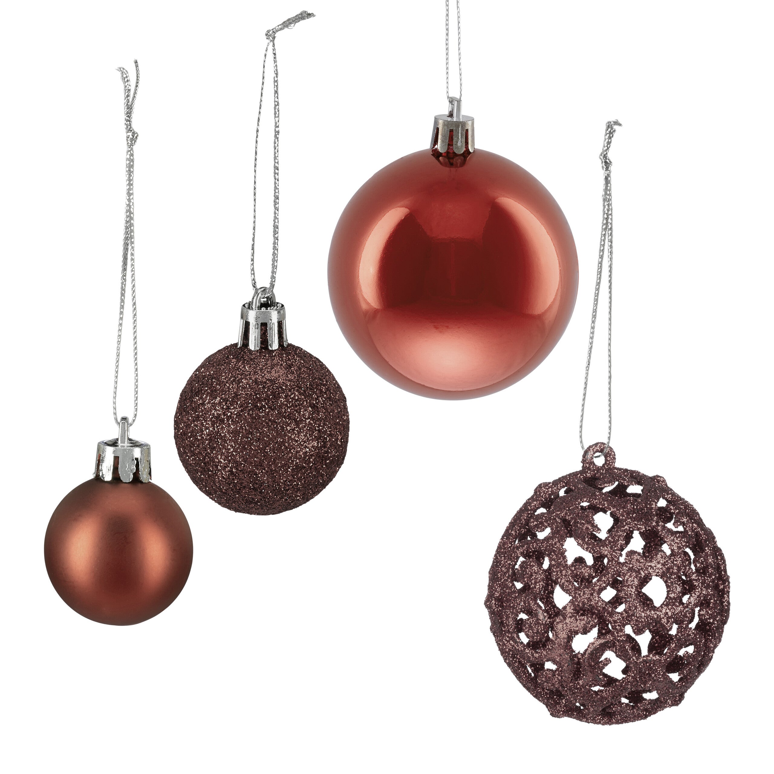 Boules de Noël en plastique, lot de 50, mates, brillantes et pailletées, ø 3, 4 et 6 cm, brunes, Relaxdays - 6