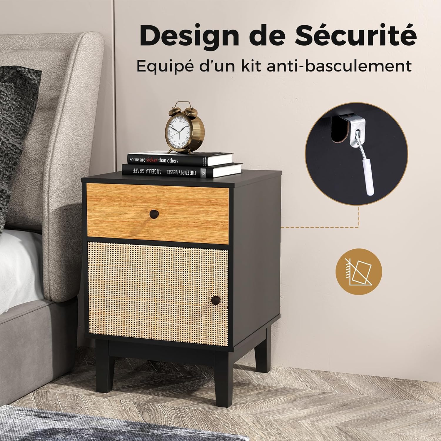 Comodino in Rattan 40 x 39 x 55 cm, Mobile Moderno con Cassetto, Armadietto e Gambe in Legno Massello, Tavolino in Stile Boemia per Camera da - 8