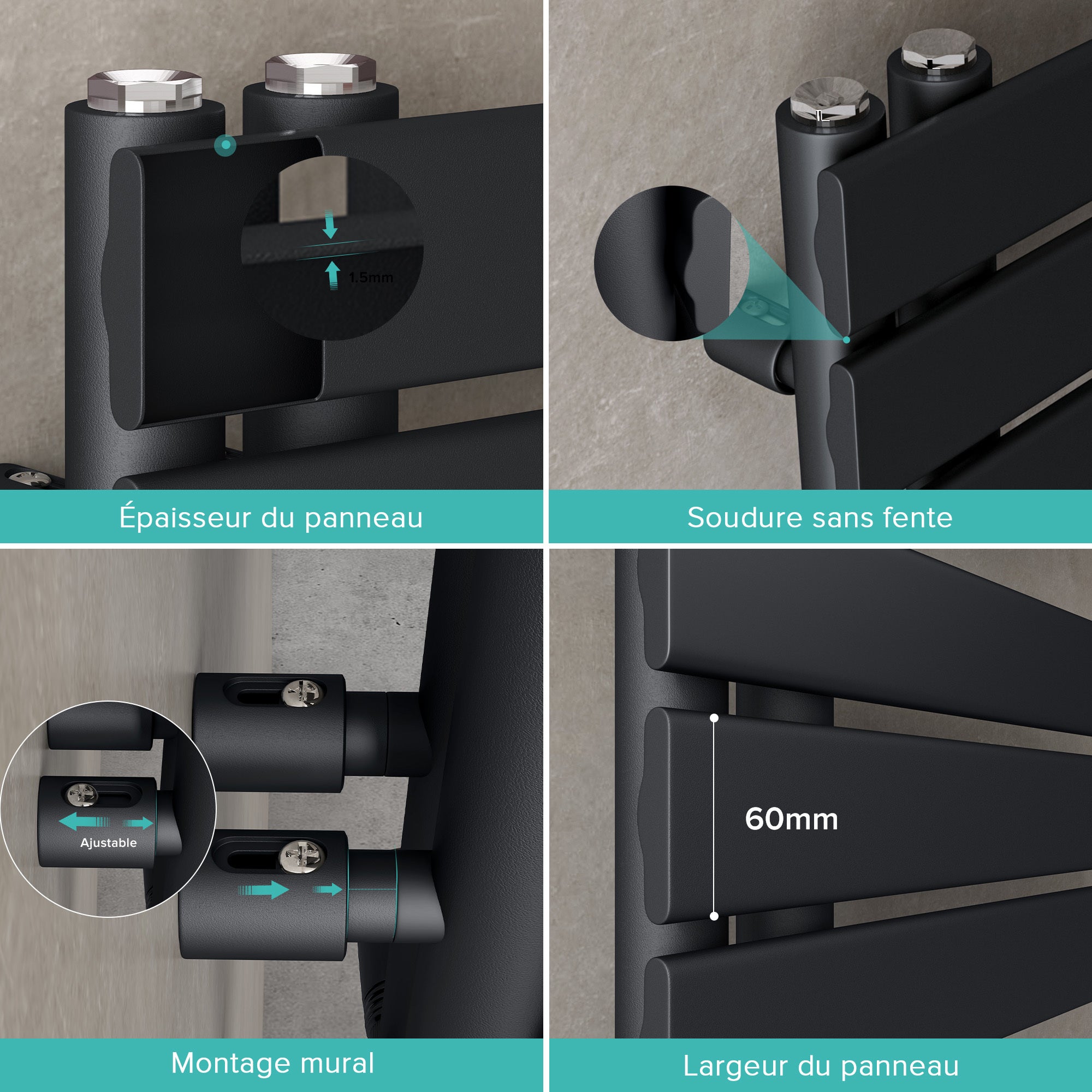 doporro Radiateur de Salle de Bain Sèche-Serviette 131x40cm Radiateur à Eau Chaude Gris Noir Sèche-Serviettes Design FN - 2