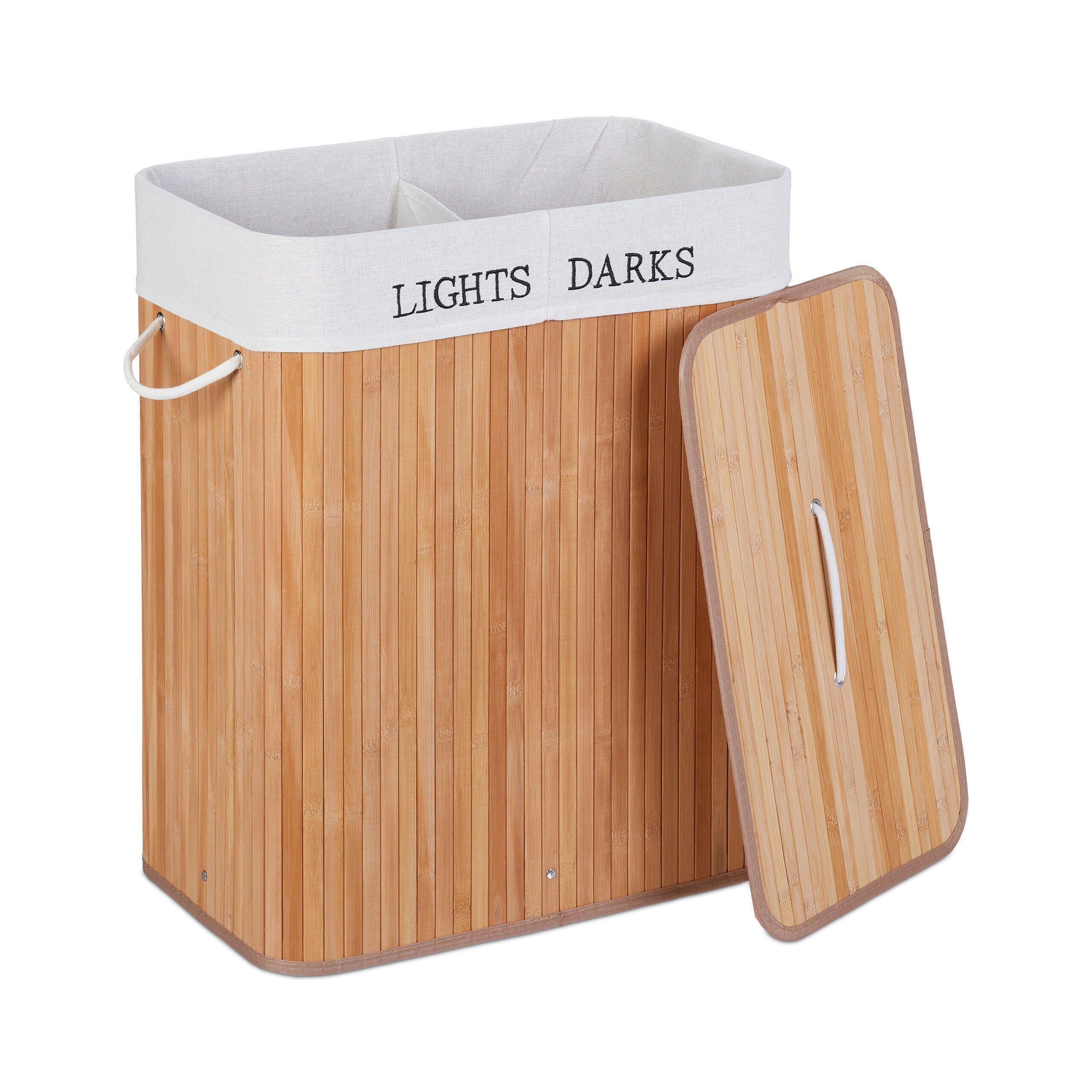 Cesto Portabiancheria Pieghevole Relaxdays - 100L, 2 Scomparti, In Bambù E Poliestere, Grigio