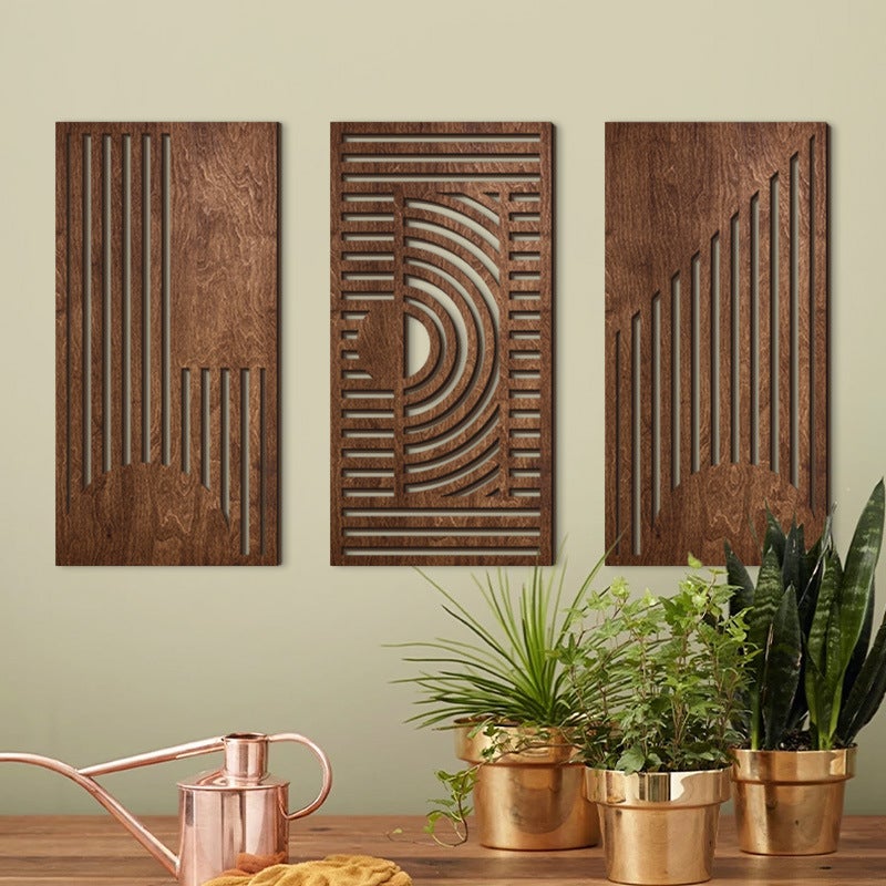 Lot de 3 décorations murales en bois géométrique, style minimaliste, sculpture 3D découpée à creux, décoration murale bohème abstraite - 5