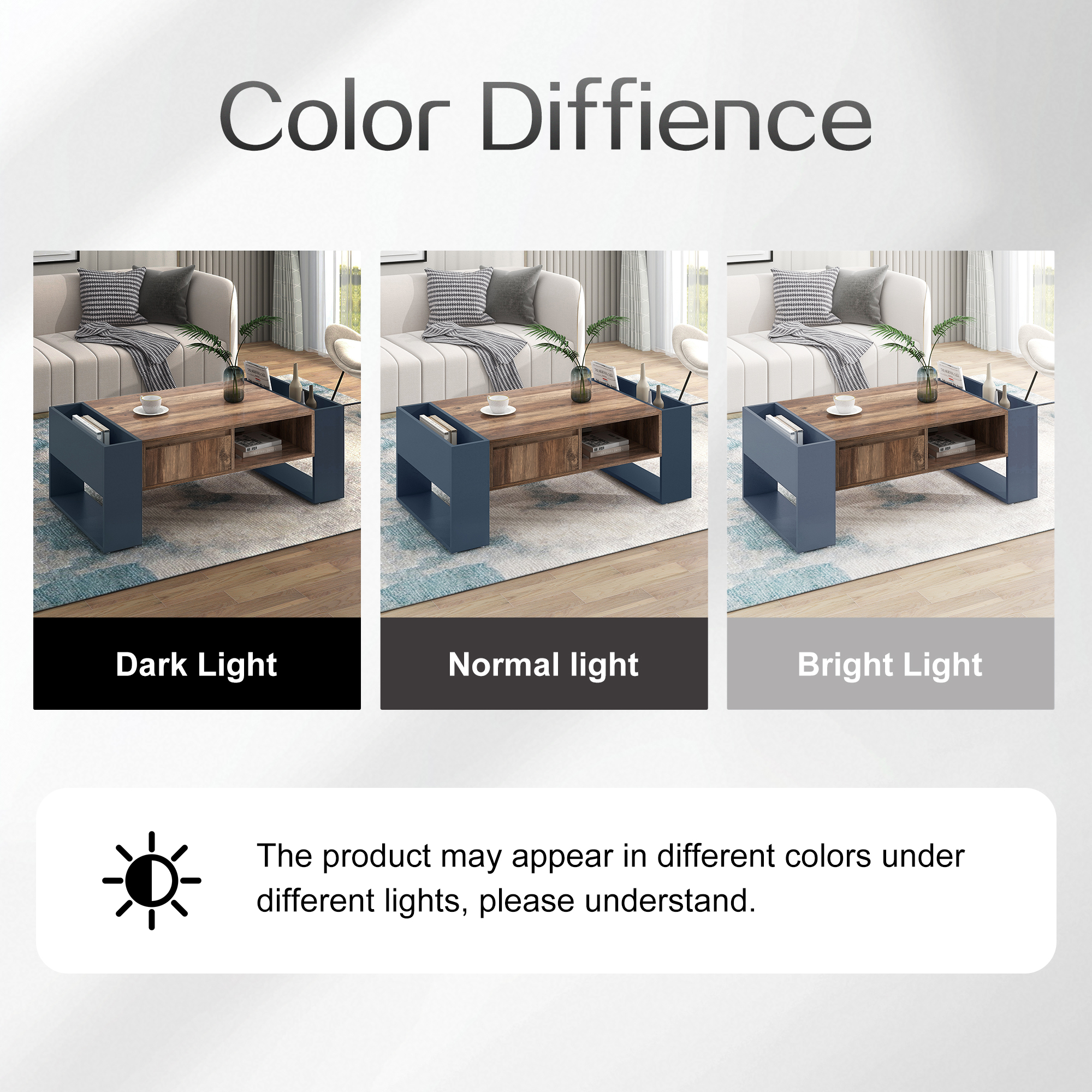 Table basse en bois avec 1 tiroir et 4 niches de rangement - Table de salon - Bout de canapé -marron et noir - 9