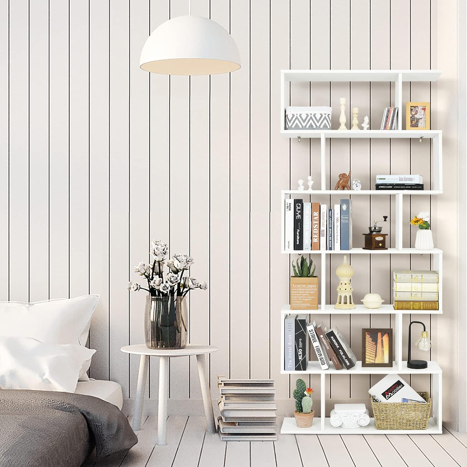 Bibliothèque en Forme S, 80 x 23 x 191 cm Étagère de Rangement à 6 Niveaux, Style Moderne Industriel avec Dispositif Anti-Basculemen, Blanc - 8