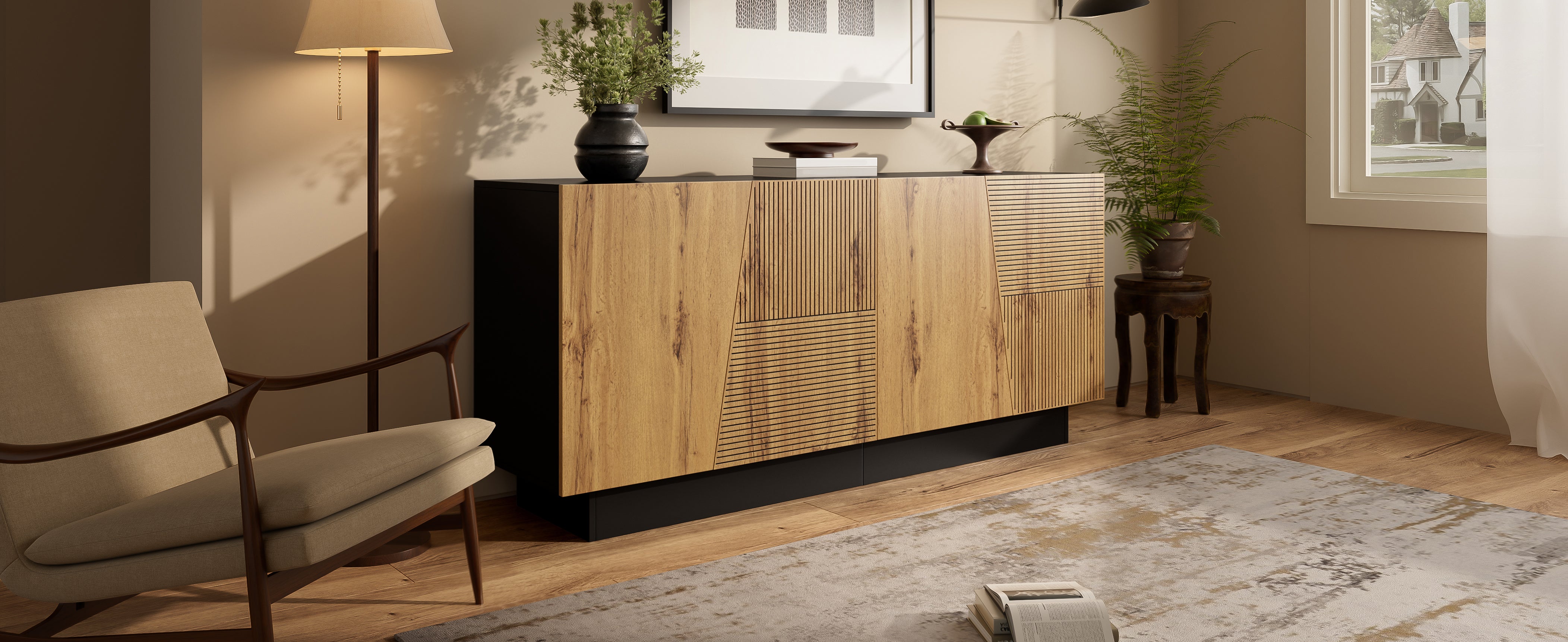 Nowoczesna komoda z 4 drzwiami - 160 x 40 x 72 cm - Płyta wiórowa - Drewno i czerń - 5