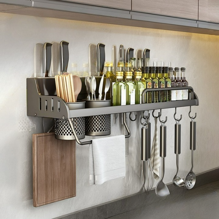 Wielofunkcyjna półka ścienna do domu, stojak do przechowywania przypraw, półka kuchenna bez wiercenia z 2 kubkami 50 cm