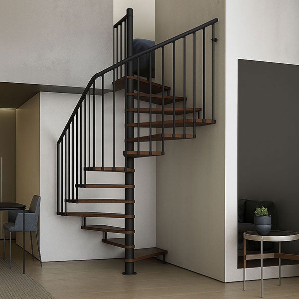 Escalier colimaçon 12 marches - Haut. à franchir 2.46 à 2.88m - Diam. 120cm - Trémie carrée - Struct. blanche / marches Noyer - TEKLA120/SAMNOY-12 - 3