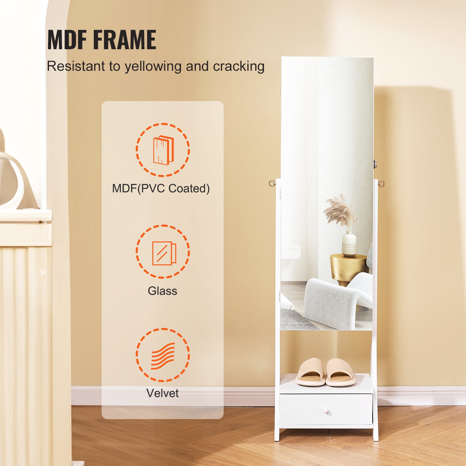 Armoire à Bijoux VEVOR avec Miroir Pleine Longueur, Organisateur sur Pied, Verrouillable, Intérieur LED, Velours, Tiroirs, Blanc - 6