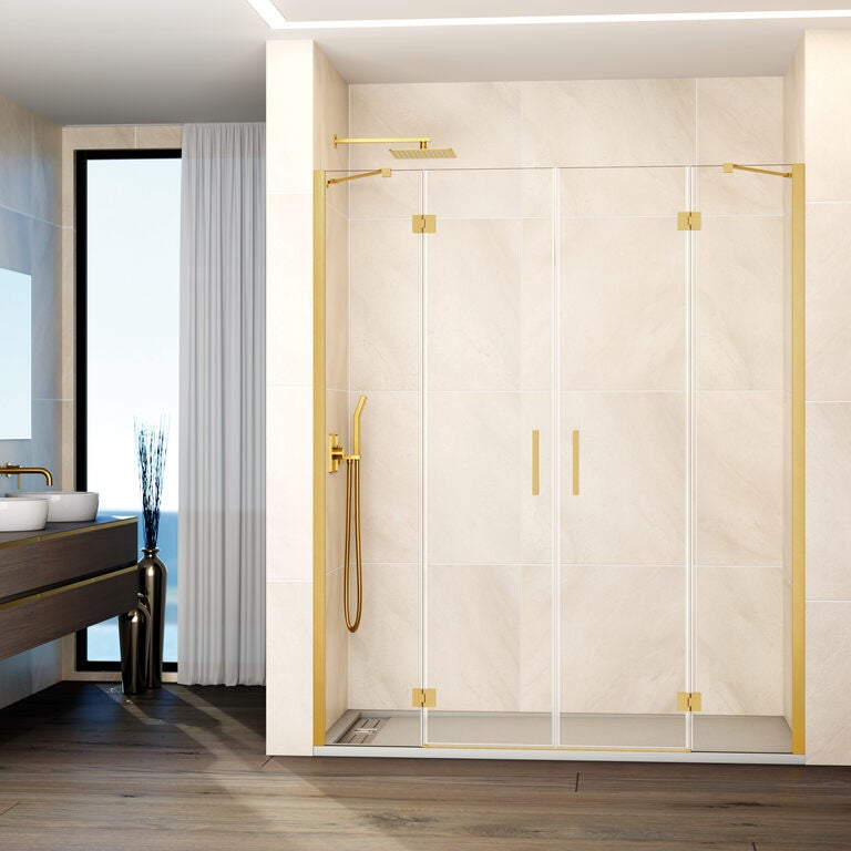 Paravan frontal GLASS 2 panouri fixe + 2 uși batante 192.5 cm (189,5-195,5; 30+70+70+30) auriu sticlă transparentă