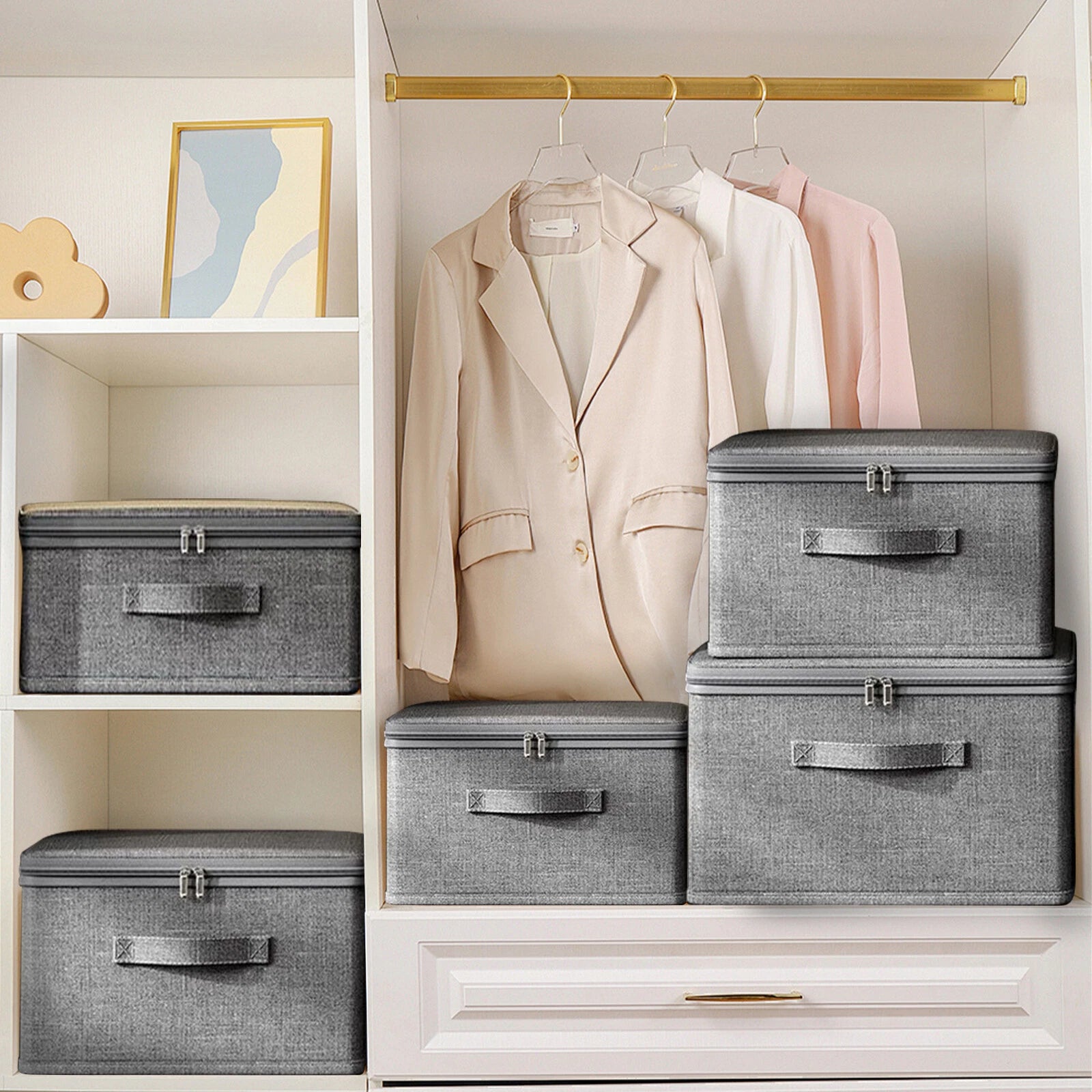 Caixa de arrumação, caixa de arrumação de roupa extra grande, 45 x 35 x 26 cm, caixa de pano dobrável com tampa - 6