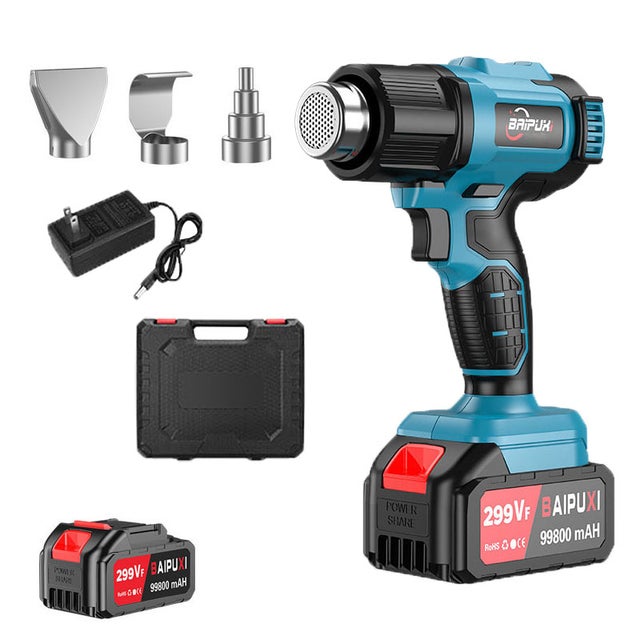 50–550°C Pistola de calor eléctrica con 1 baterías de 3Ah, pantalla digital y control de temperatura; para termocontracción y eliminación de pintura