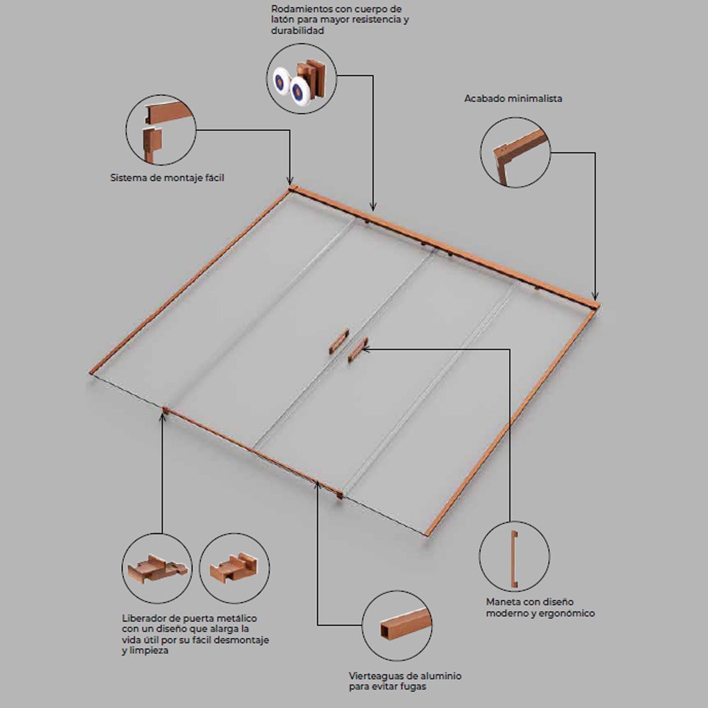 Mampara Douche Frontale 2 Fixes + 2 Portes Coulissantes | Verre Trempé 6 mm Anticalcaire | Profilé Or Rose brossé 180cm (adap. 176,1-181) - 2