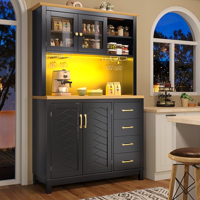 Buffet de cuisine 105.5x40x180 cm, grand espace de rangement, éclairage ...