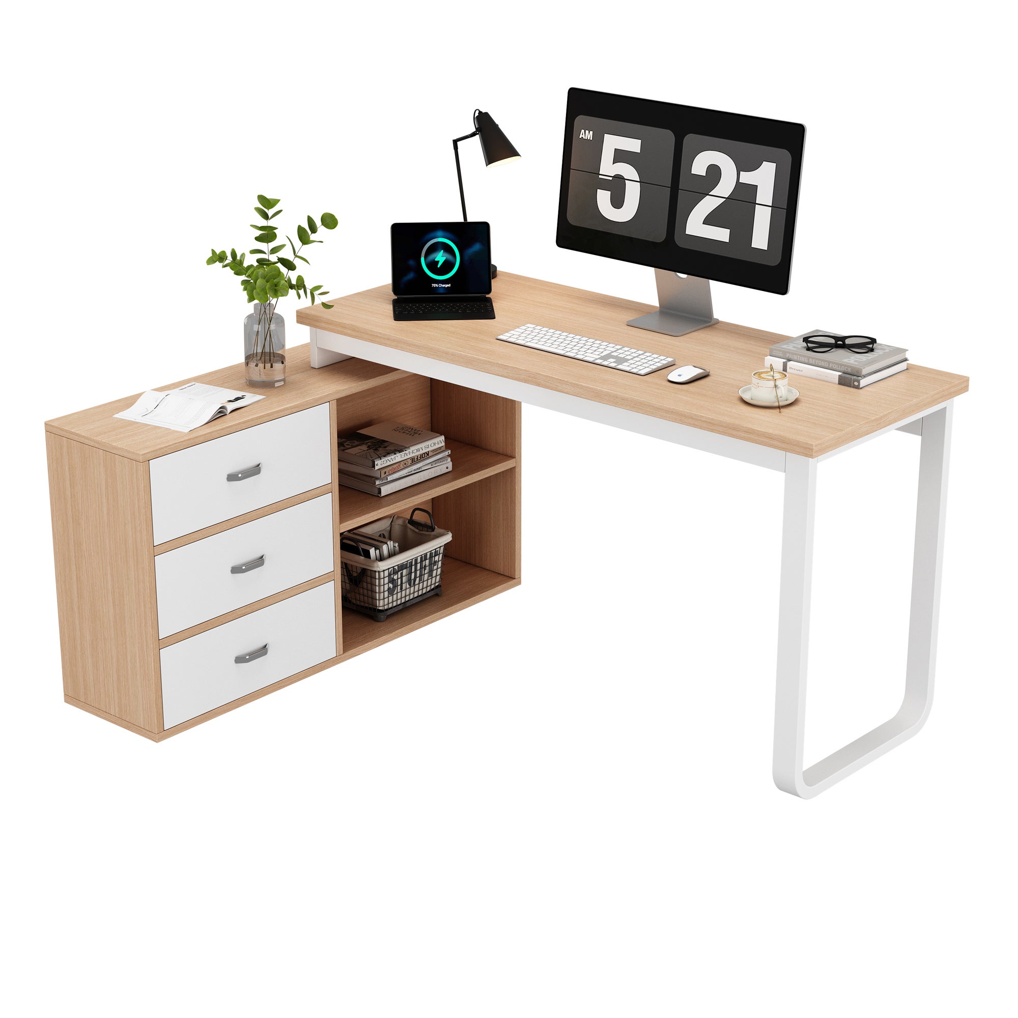 Bureau d'angle avec 3 tiroirs et 2 compartiments de rangement - 147 x 100 x 75.3 cm - MDF et pièds en acier - Naturel - 4