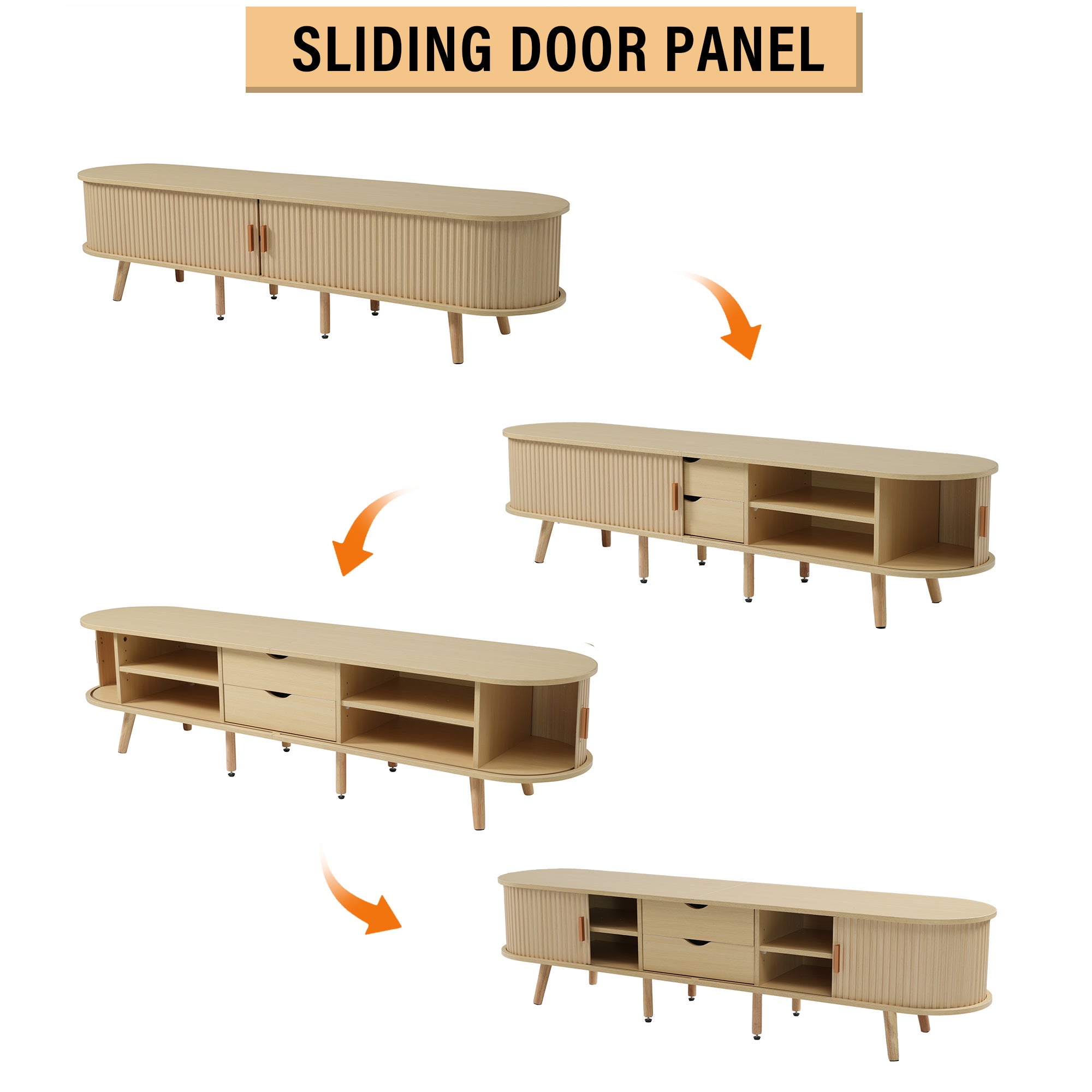 Meuble TV avec 2 portes coulissantes en forme ovale - 175 x 40 x 42cm - Bois MDF - Couleur bois - 8