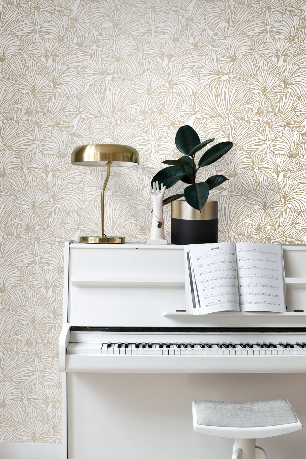 Papier peint feuilles de ginkgo blanc et or - 53 cm x 10.05 m - ESTAhome - 2