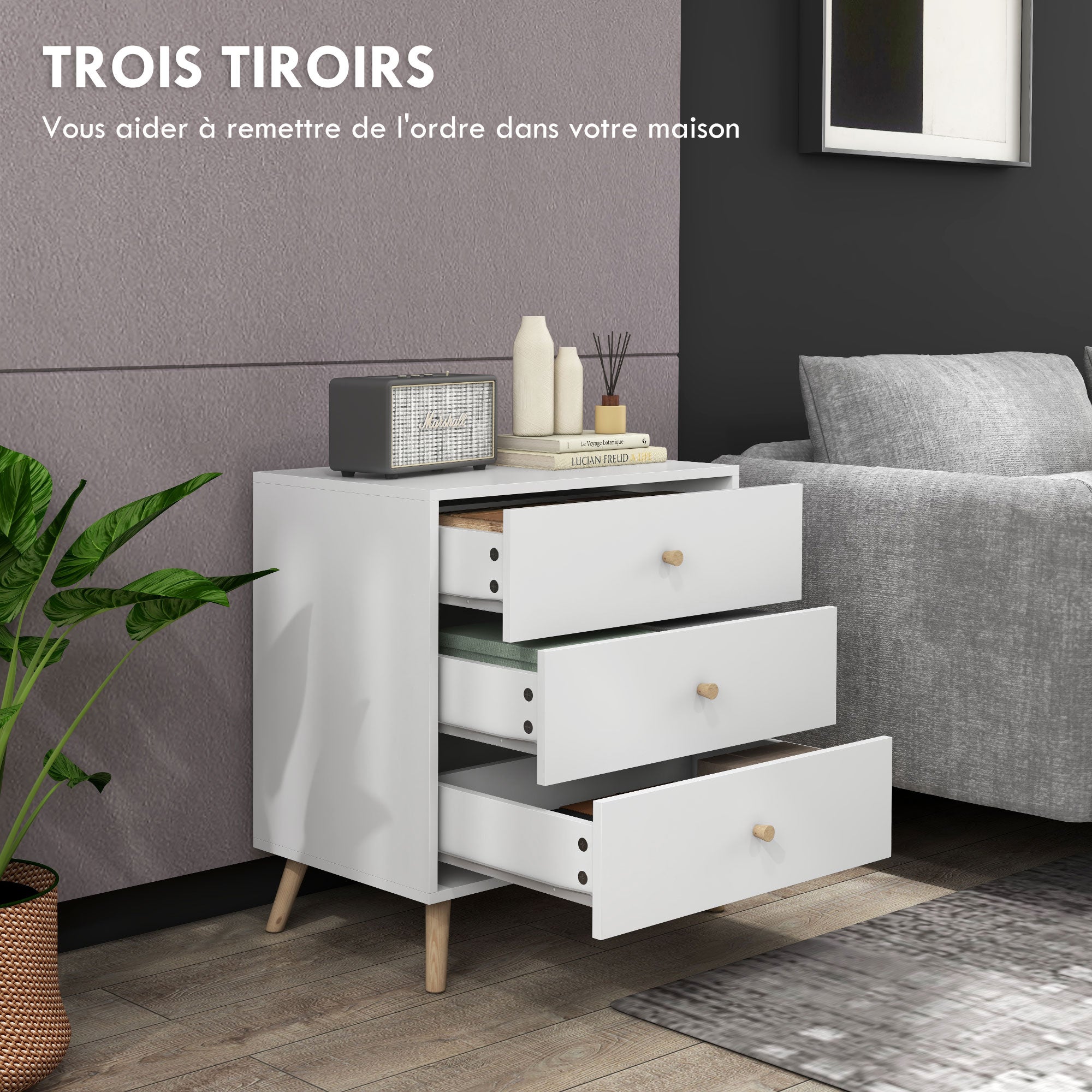 Commode 3 tiroirs Design scandinave Meuble de Rangement Chambre MDF Blanc poignée piètement effilé Bois Massif de pin - 6
