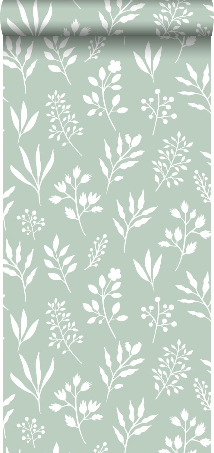 Papel pintado diseño floral en estilo escandinavo menta verde - 0,53 x 10,05 m - estahome