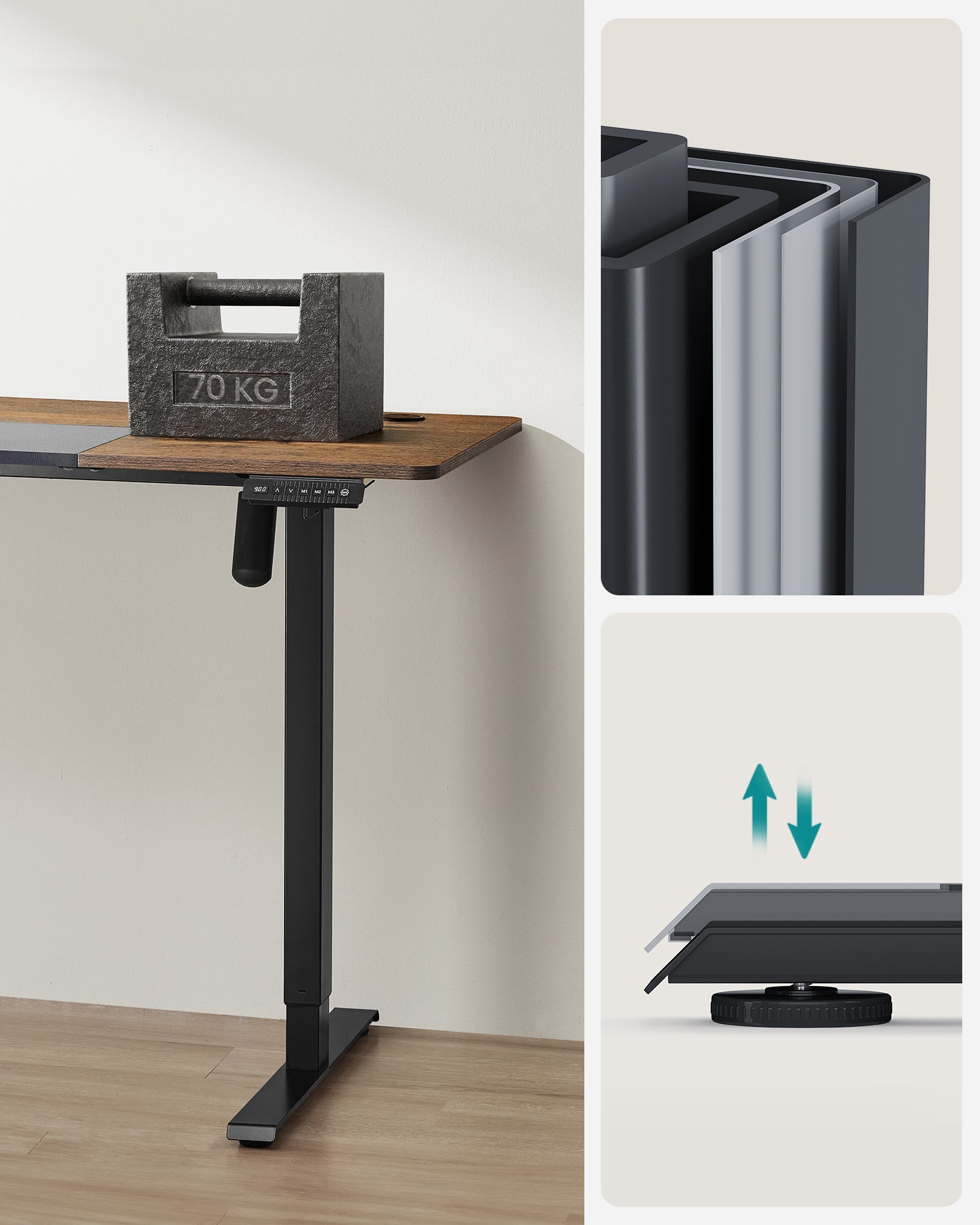 Bureau Assis Debout Électrique, 70 x 160 x (72-120) cm, Réglable en Hauteur, Pochette, Marron Rustique et Noir Pur - 6