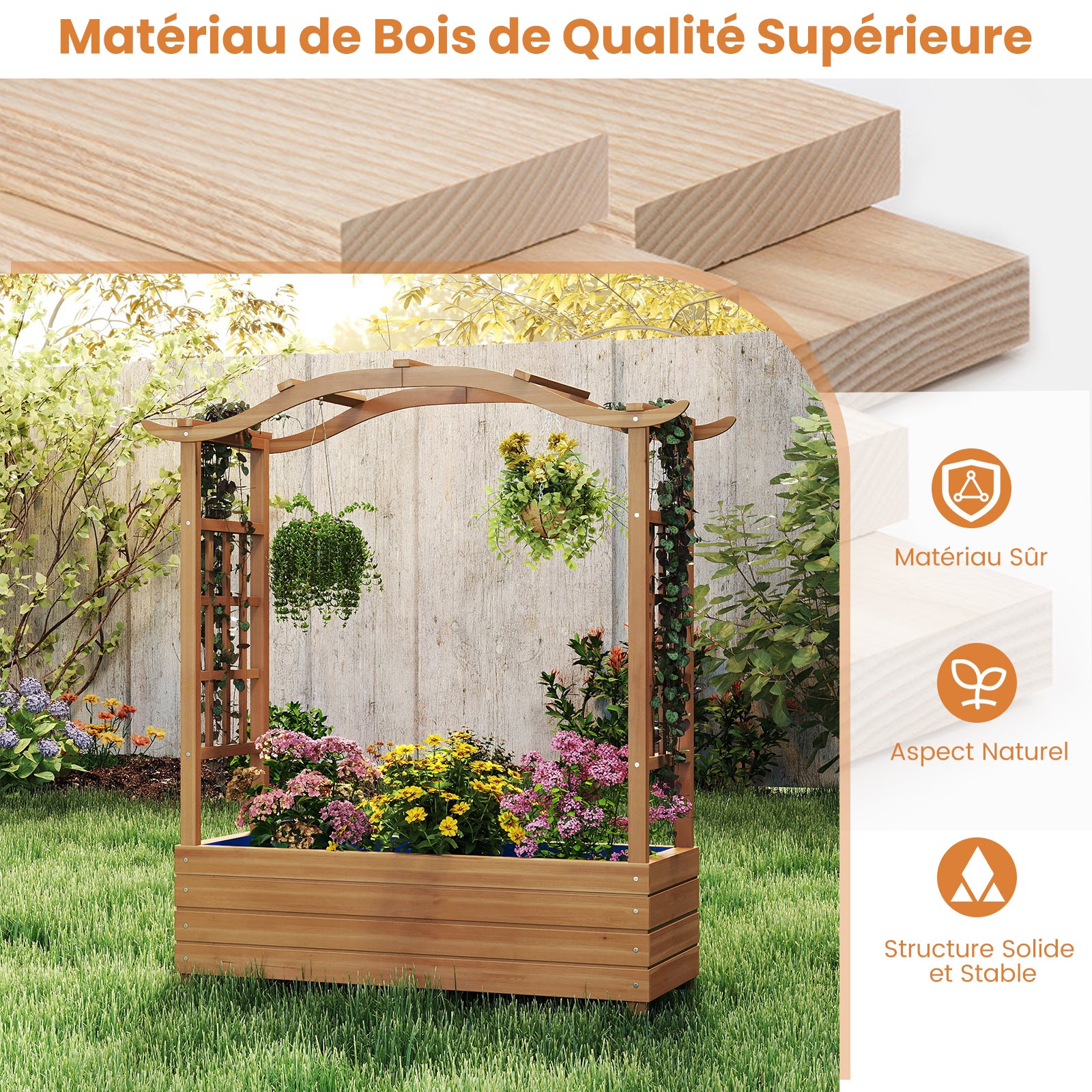 Jardinière avec 2 Treillis Latéraux Toit Suspendu en Bois, Lit de Jardin Surélevé Bac Inférieur pour Fleurs Légumes Plantes Grimpantes, pour Jardin - 2