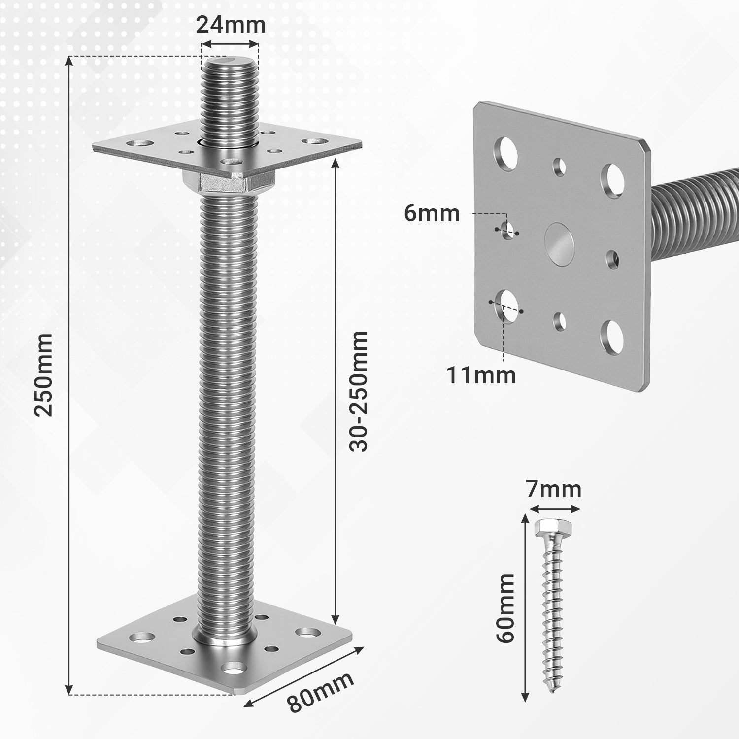 Support de poteau réglable, hauteur ajustable pour projets bois et jardin 30-250 mm Argent 4PCS - 2