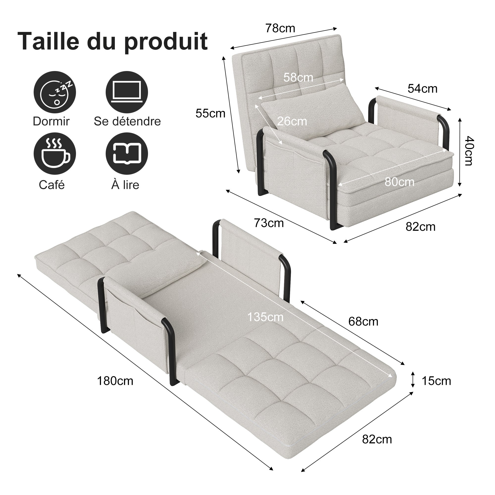 Fauteuil Convertible 1 place - Canapé-Lit 5 Positions Ajustables - en Chenille - Finitions en Laine d'Agneau - Blanc - 4