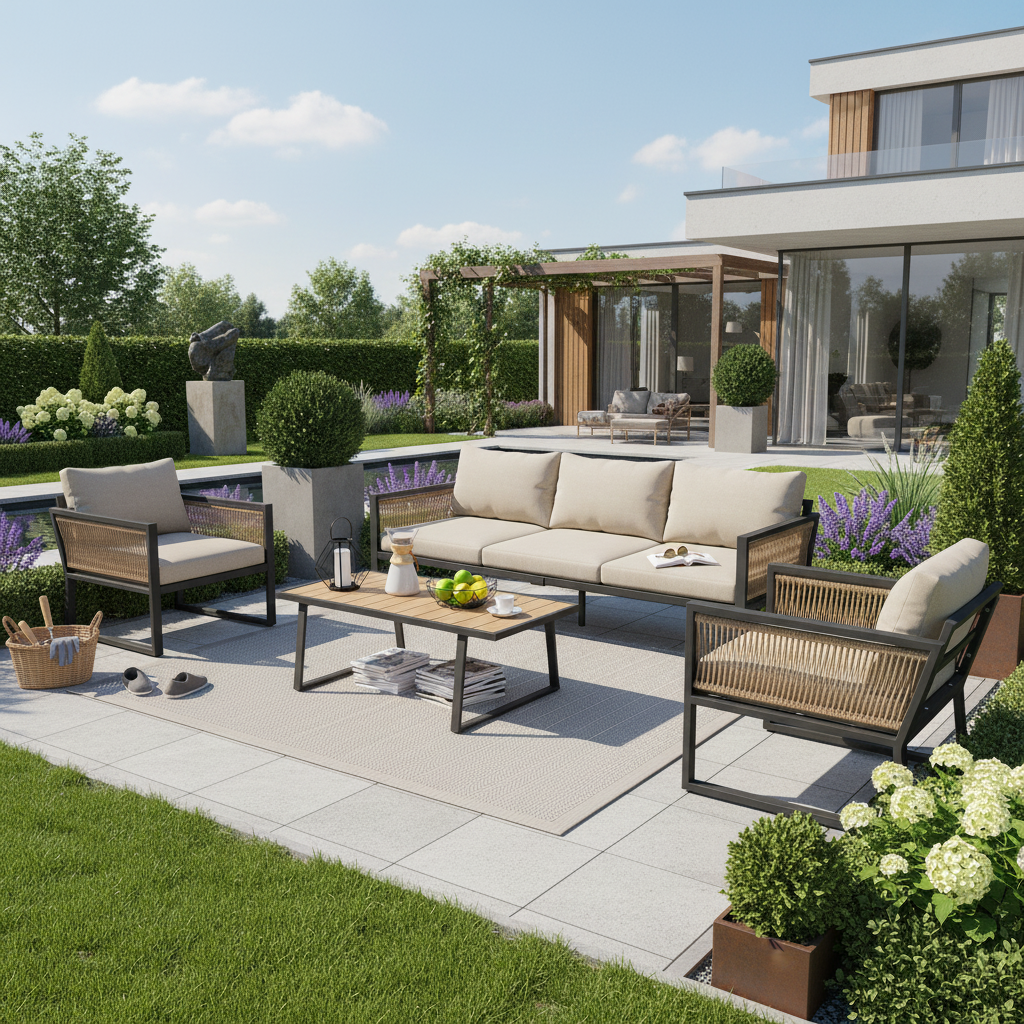 Modułowy zestaw mebli ogrodowych 5-osobowy ze stali ocynkowanej: 1 sofa trzyosobowa + 2 fotele + prostokątny stolik kawowy - Beżowy