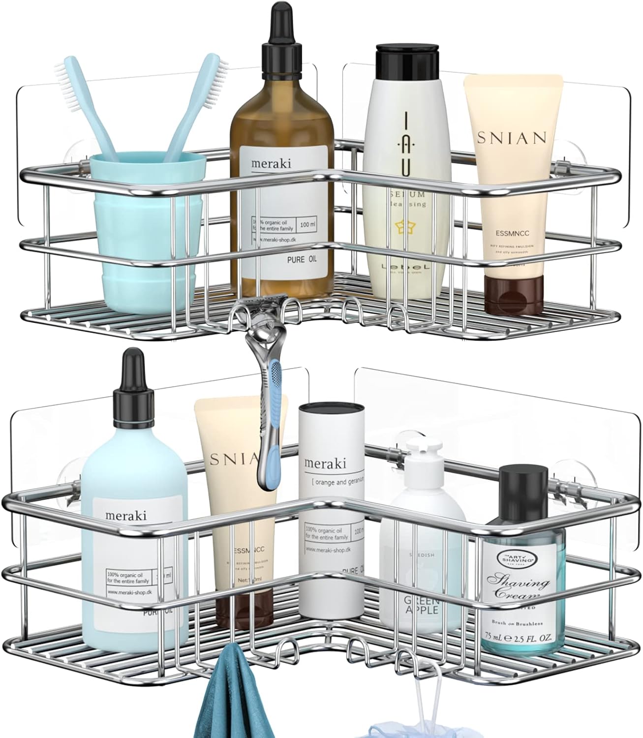 YUHIAKE Lot De 2 Étagères De Douche D'Angle Sans Perçage - Serviteur Avec 4 Crochets Amovibles, Blanc