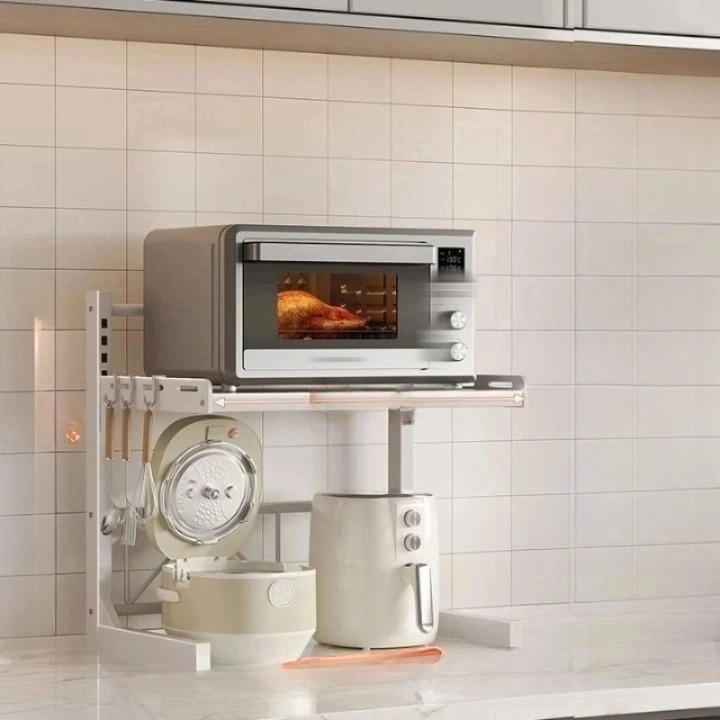 Półka kuchenna, uchwyt na kuchenkę mikrofalową i urządzenie do gotowania ryżu, wysuwana półka, 2 poziomy - 58×33×59 cm - Biały