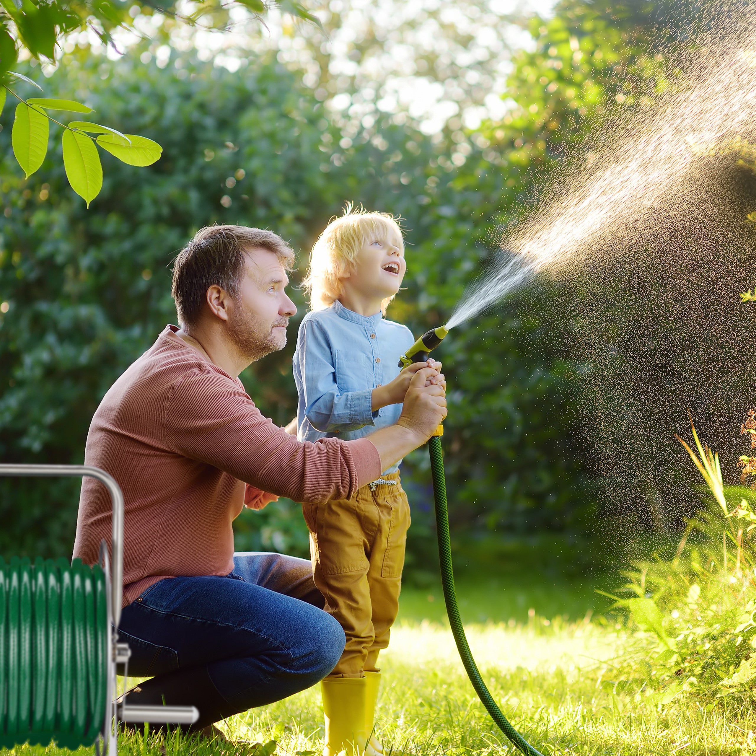 Dévidoir à tuyau d’arrosage, acier inox, vide, à fixer au mur ou poser au sol, pour longueur de 40 m, argenté, Relaxdays - 3