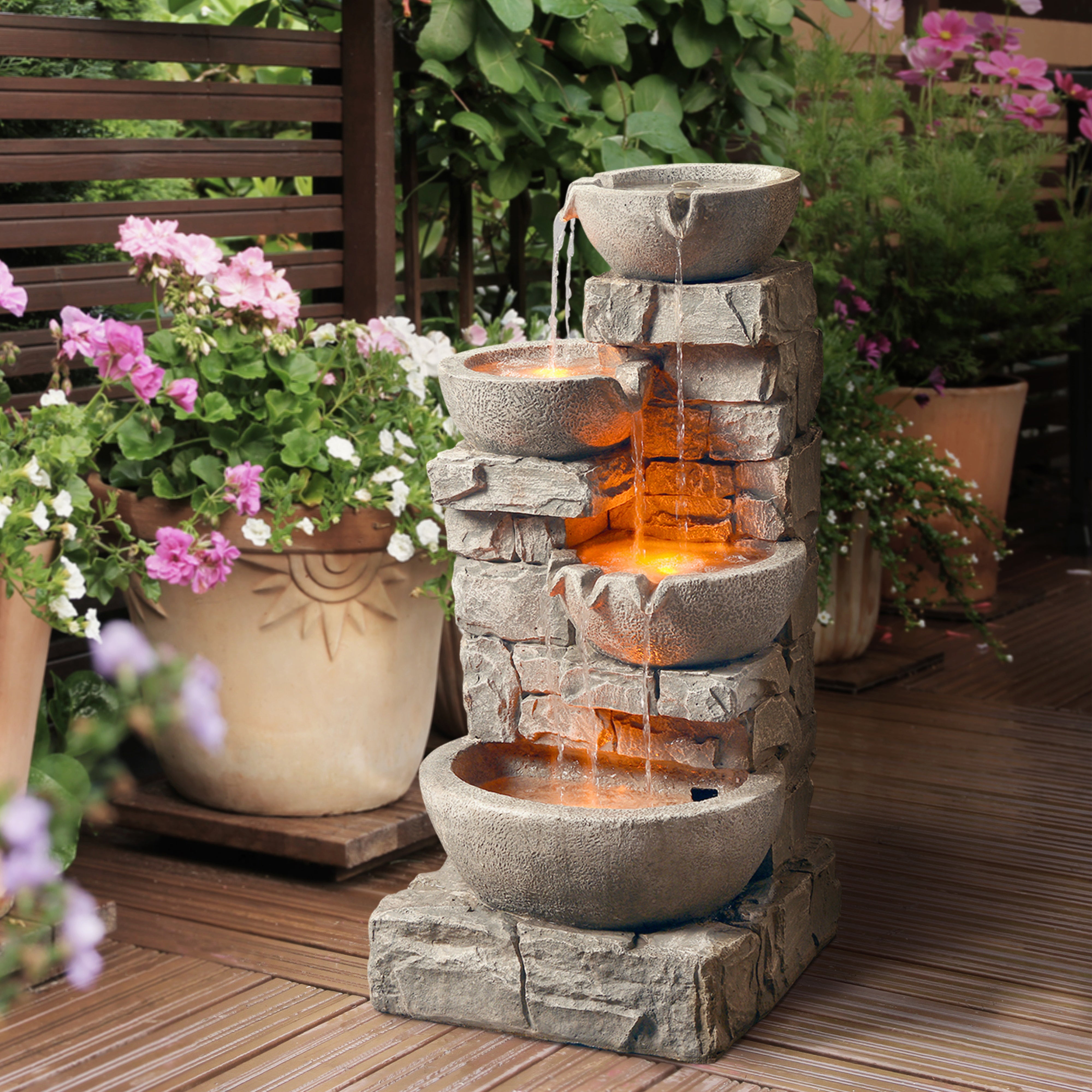 Fontaine de jardin pierre 84.5cm cascade décorative, Gris TEAMSON HOME - 5